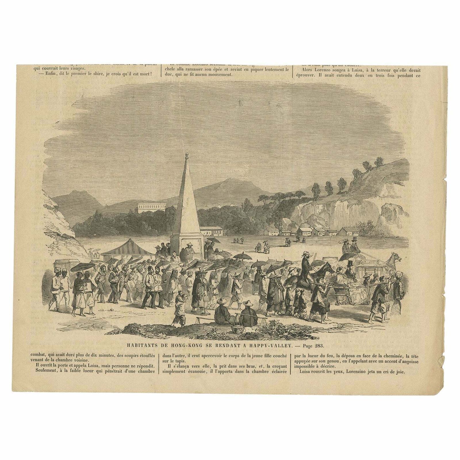 Antique Print Of Hong Kong Residents Travelling To Happy Valley, Ca.1860
