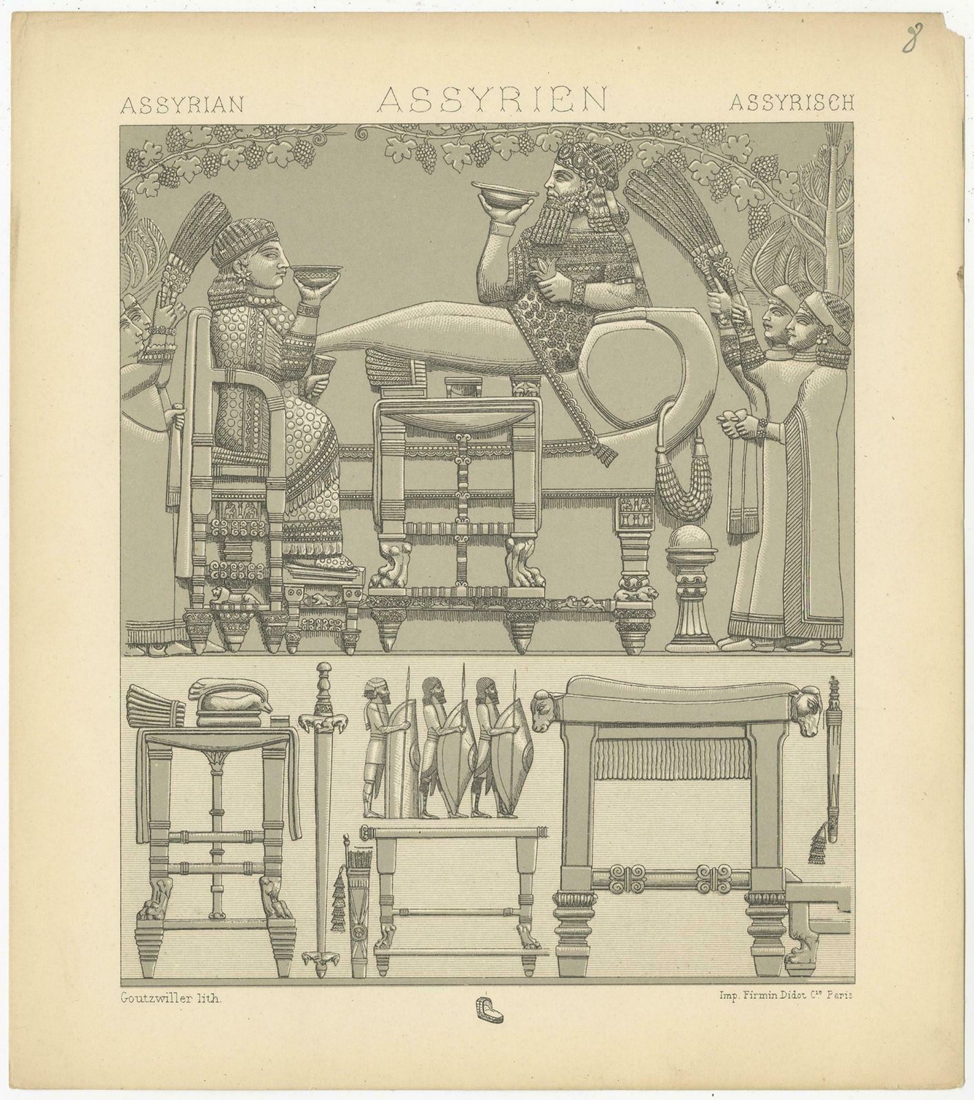 Pl. 8 Antique Print Of Assyrian Furniture By Racinet, 'Circa 1880' photo Art
