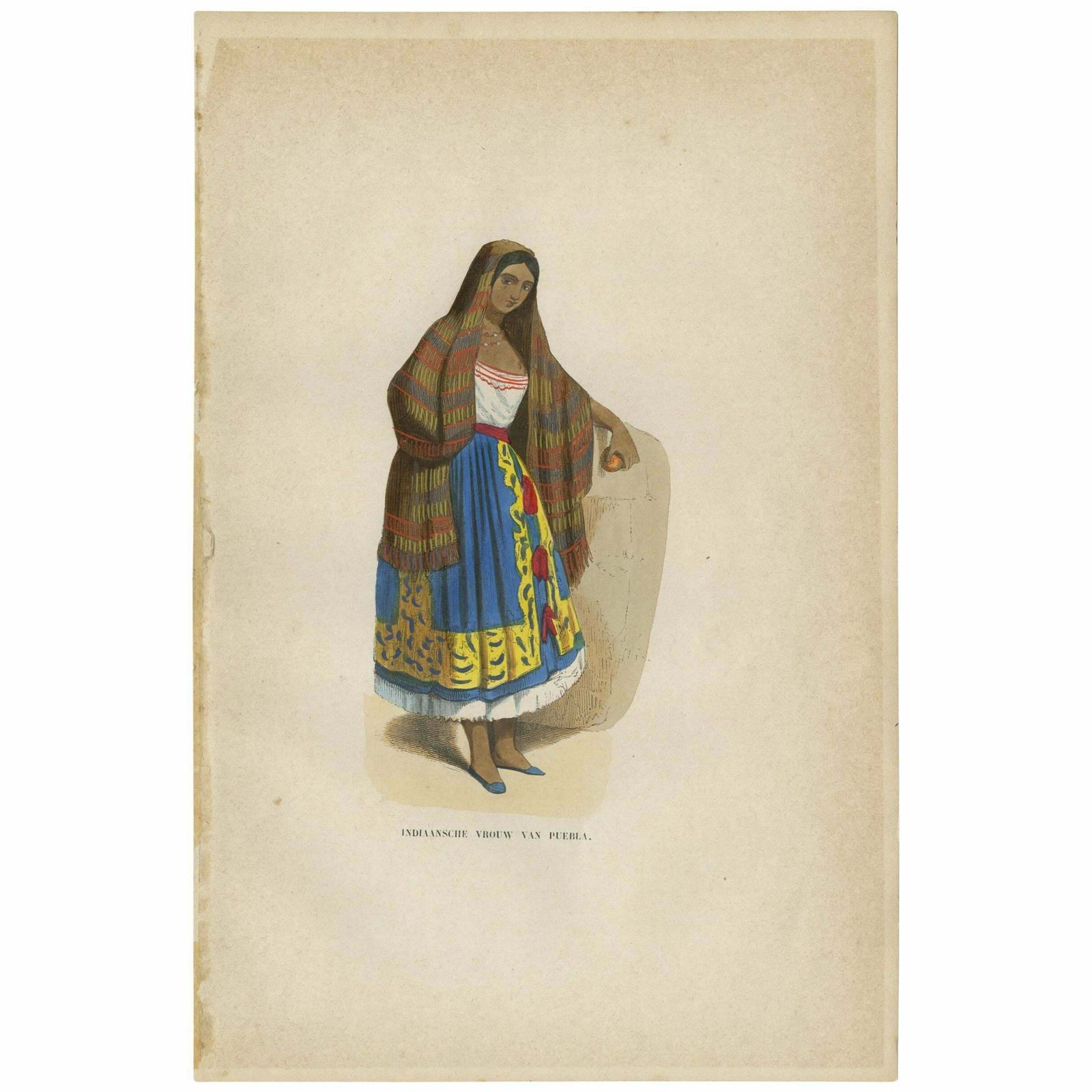 Antique Print Of A Female Indian Of Puebla Mexico By H. Berghaus, 1855