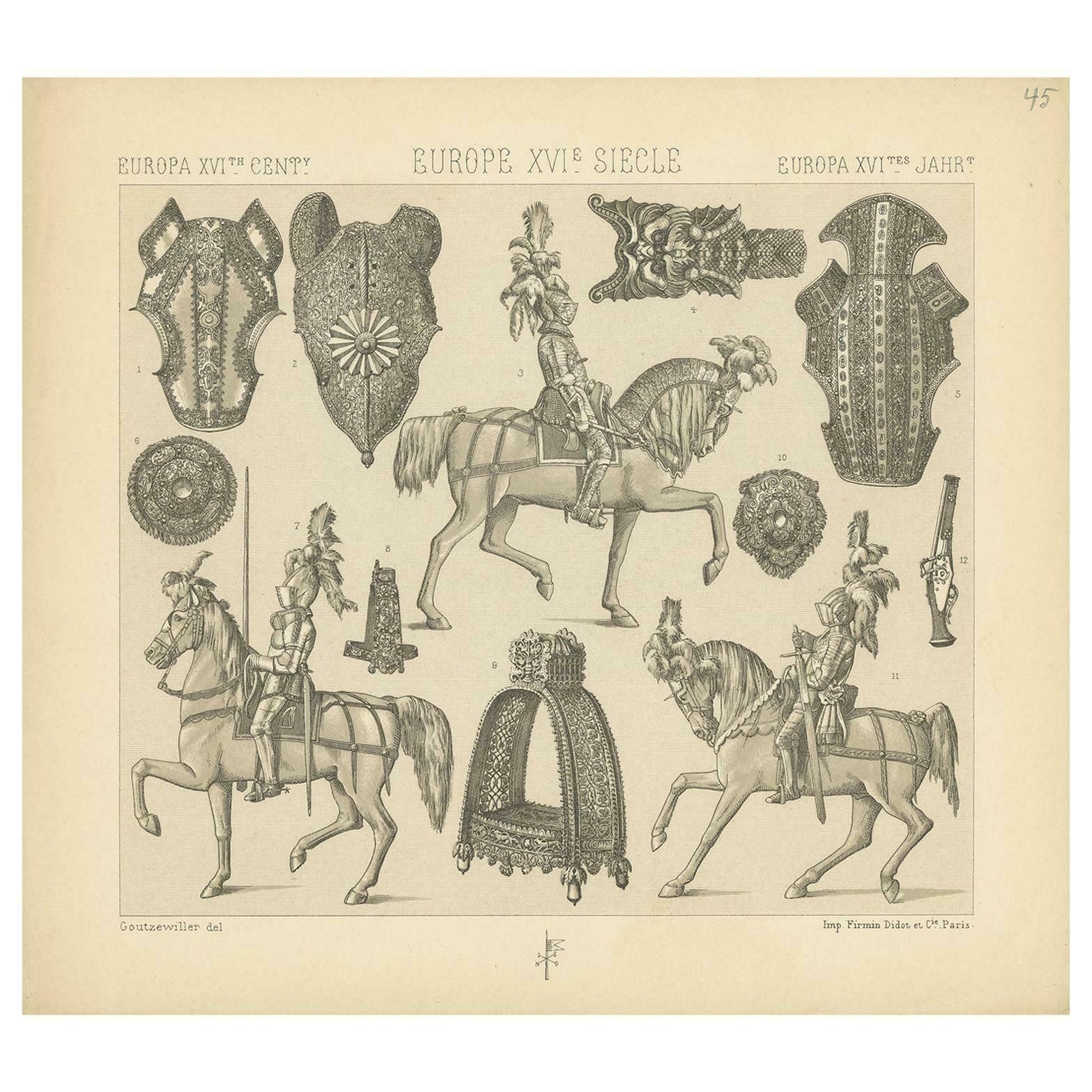 Pl. 45 Antique Print Of European 16th Century Armaments By Racinet, Circa 1880