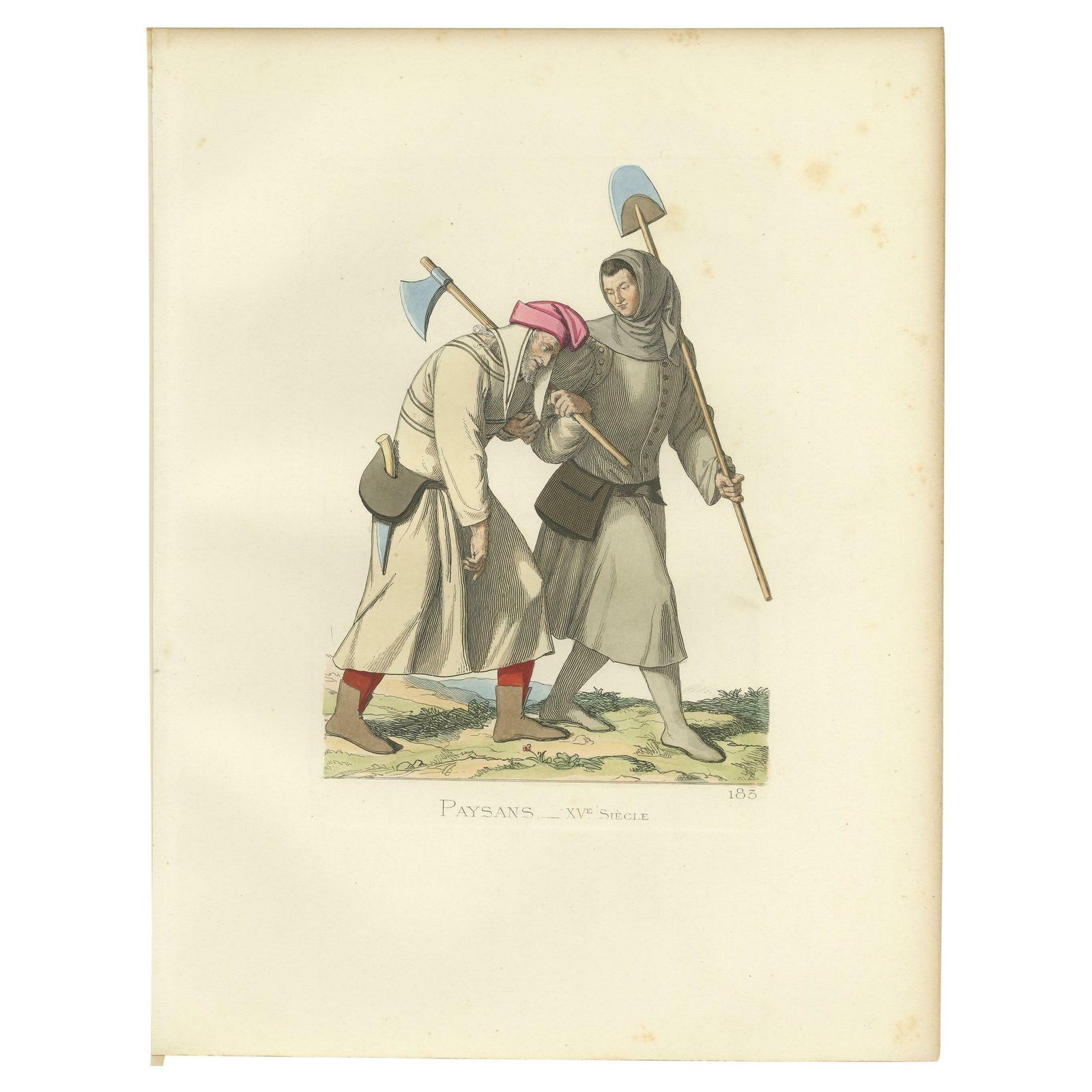 Antique Print Of Two Peasants, 15th Century, By Bonnard, 1860
