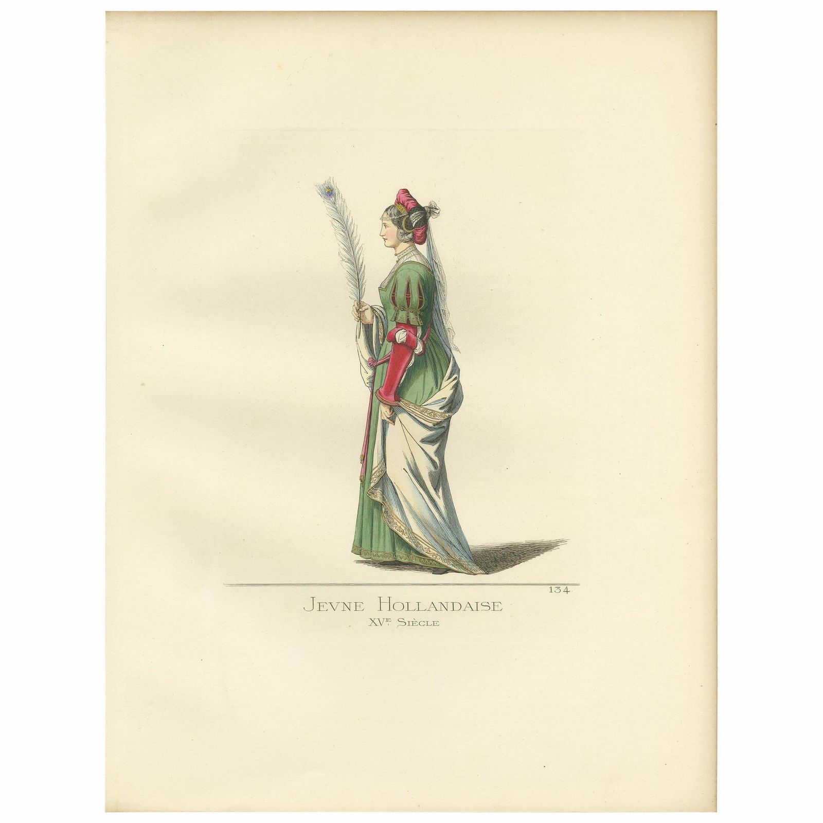 Antique Print Of A Young Woman From Holland, 15th Century, By Bonnard, 1860 photo furniture