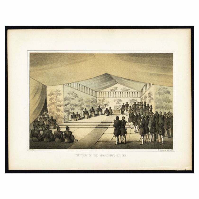Original Old Print Of The American Perry Delegation In Japan By Hawks, 1856
