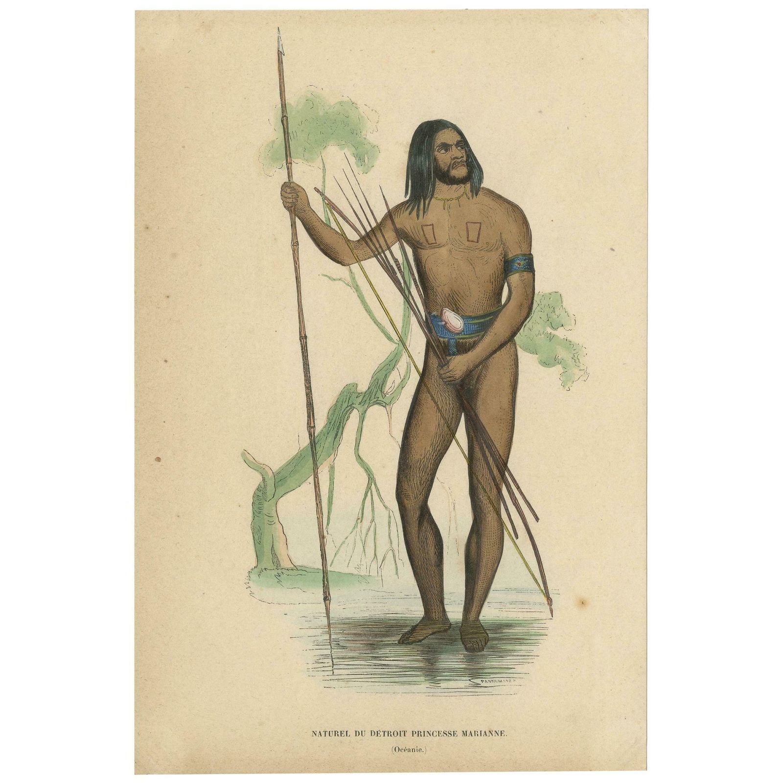 Antique Costume Print Of A Native Of Marianna Island By Wahlen, 1843