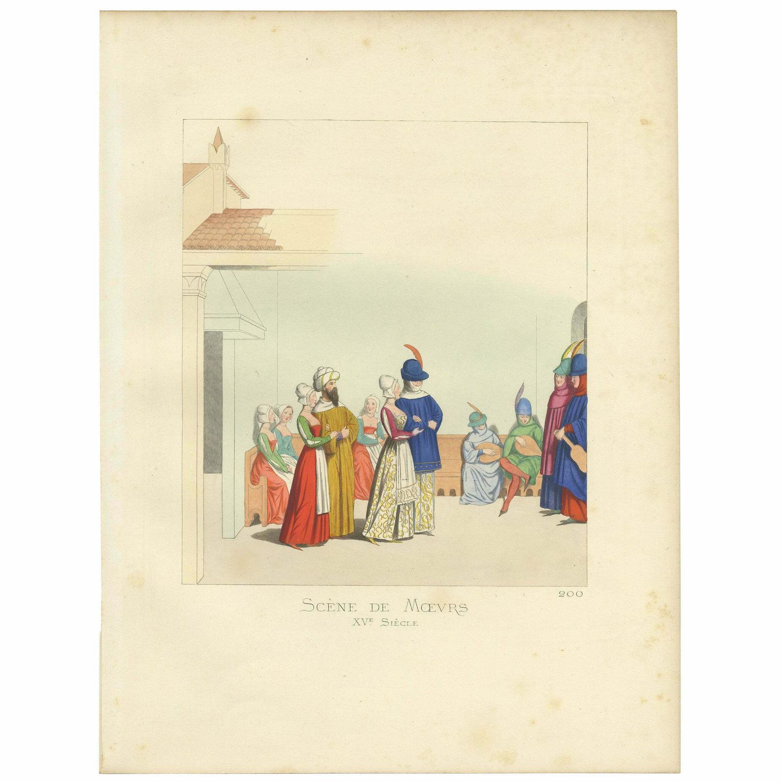 Antique Print Of A Group From Moers, Germany, 15th Century, By Bonnard, 1860
