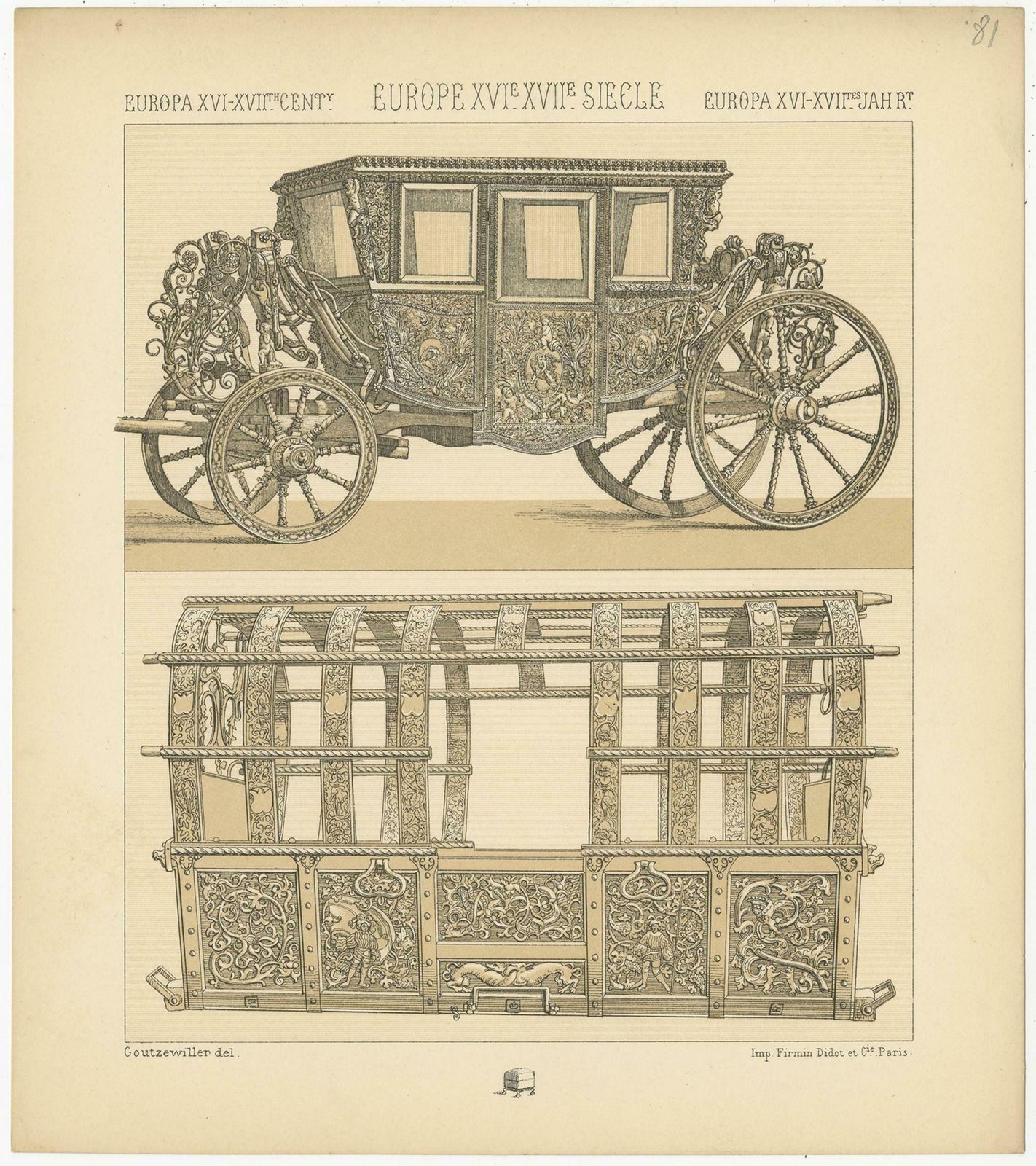 Pl. 81 Antique Print Of European 16th 17th Century Carriage, Racinet, Circa 1880 photo Art