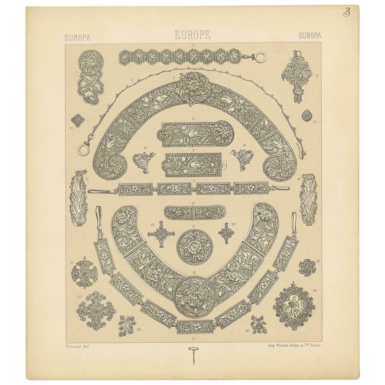 Pl 3 Antique Print Of European Decorative Objects By Racinet, 'Circa 1880'