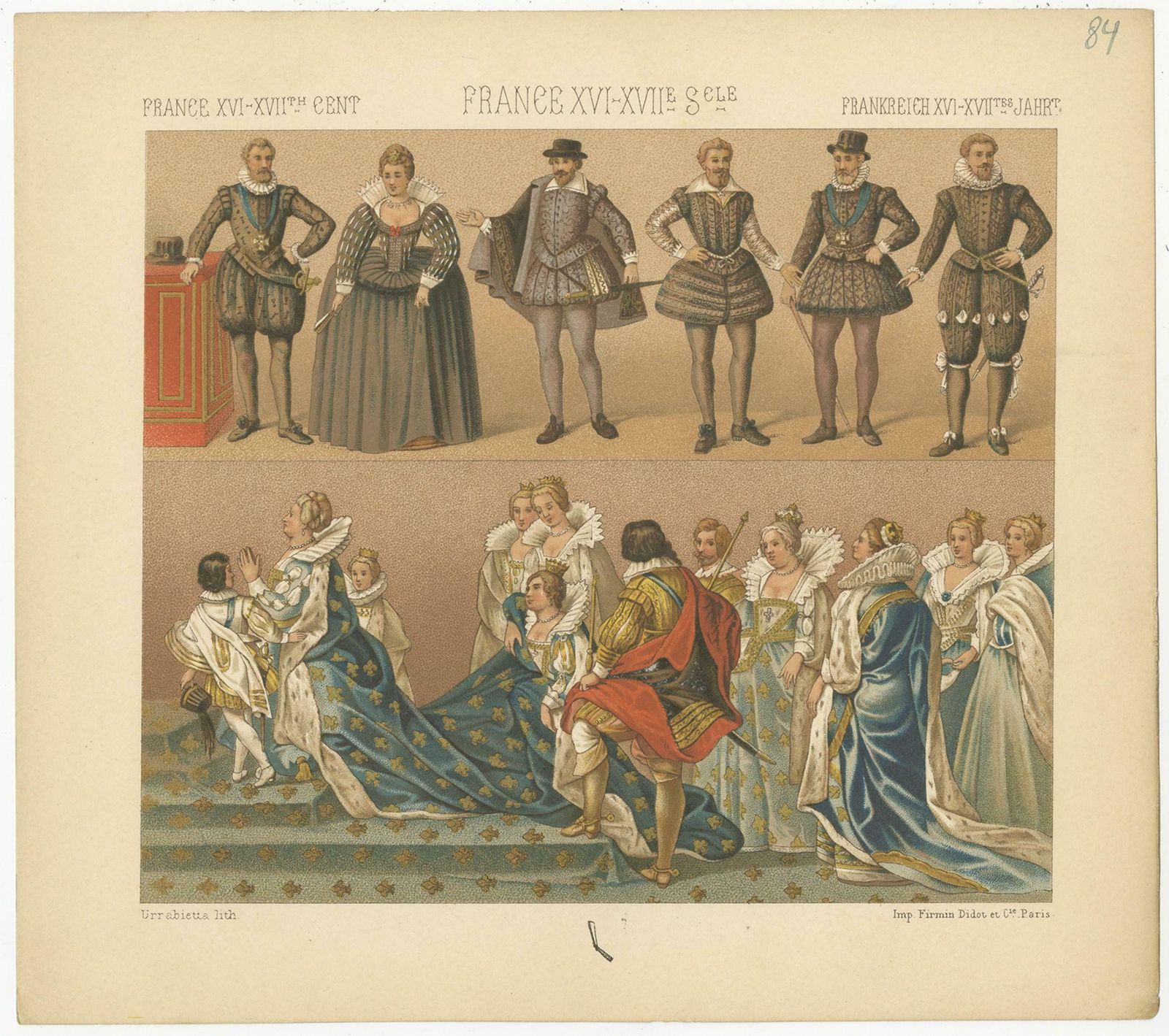 Pl. 84 Antique Print Of French XVI Xviith Century Costumes By Racinet Circa 1880 photo for sale