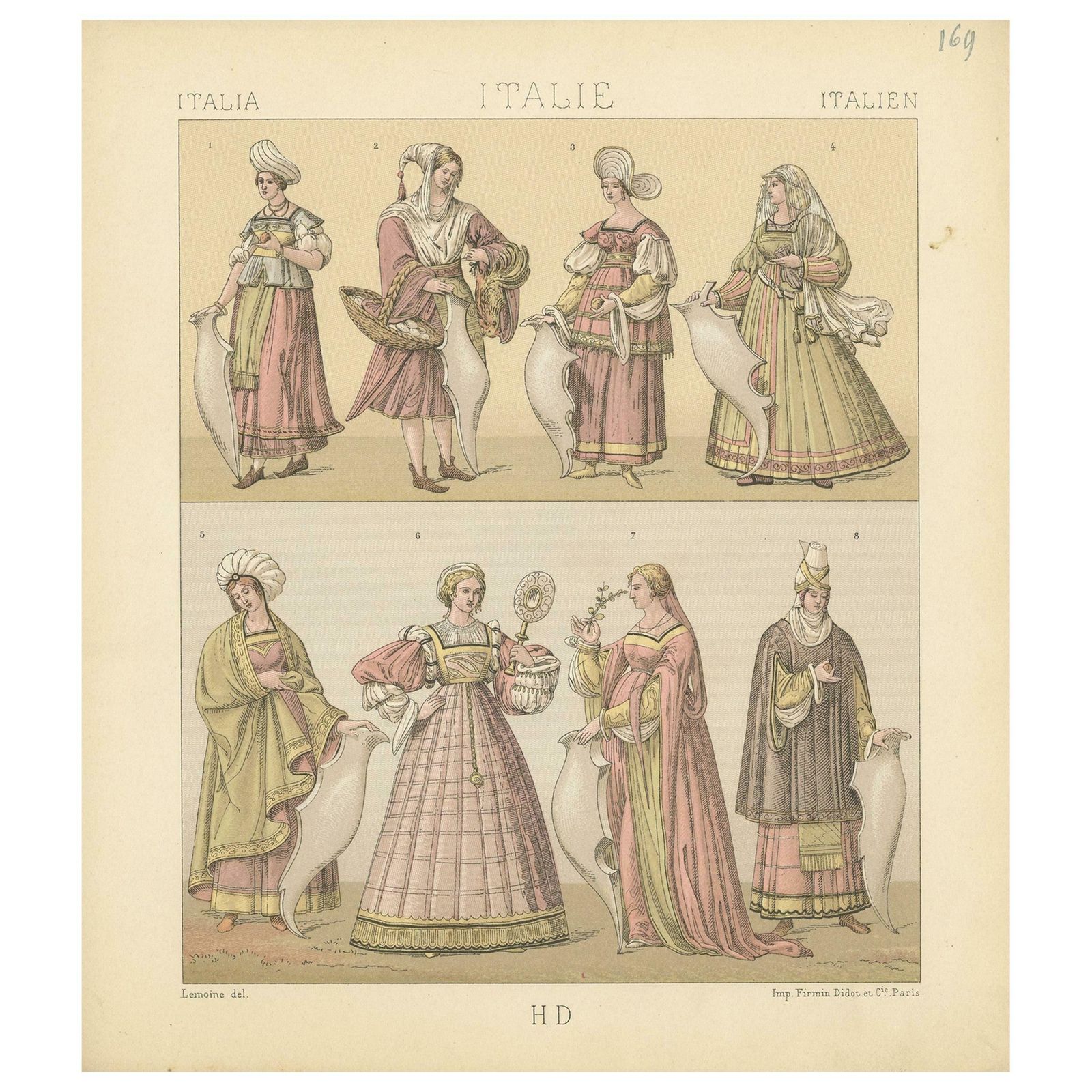 Pl. 169 Antique Print Of Italian Women's Costumes By Racinet, 'Circa 1880'