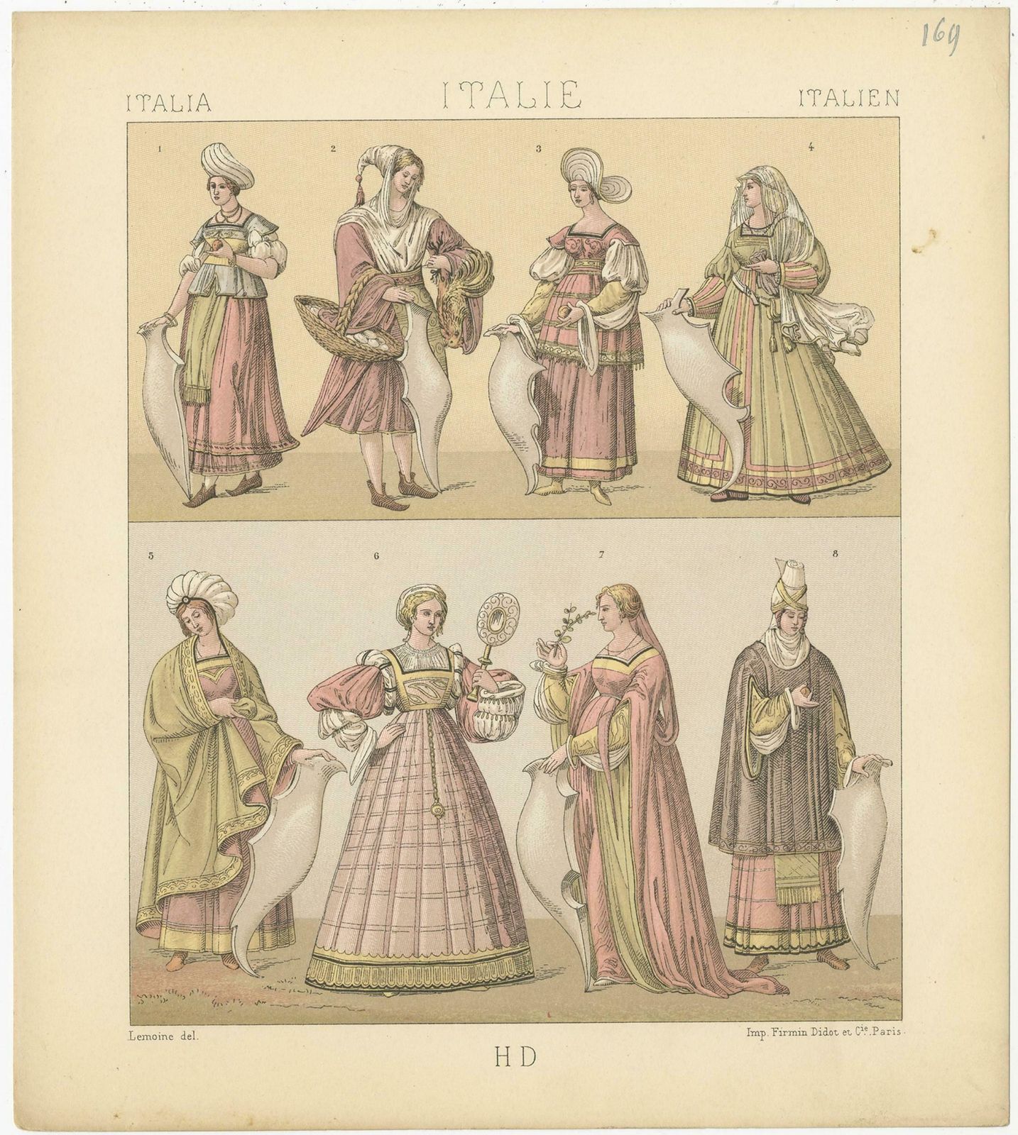Pl. 169 Antique Print Of Italian Women's Costumes By Racinet, 'Circa 1880' photo for sale