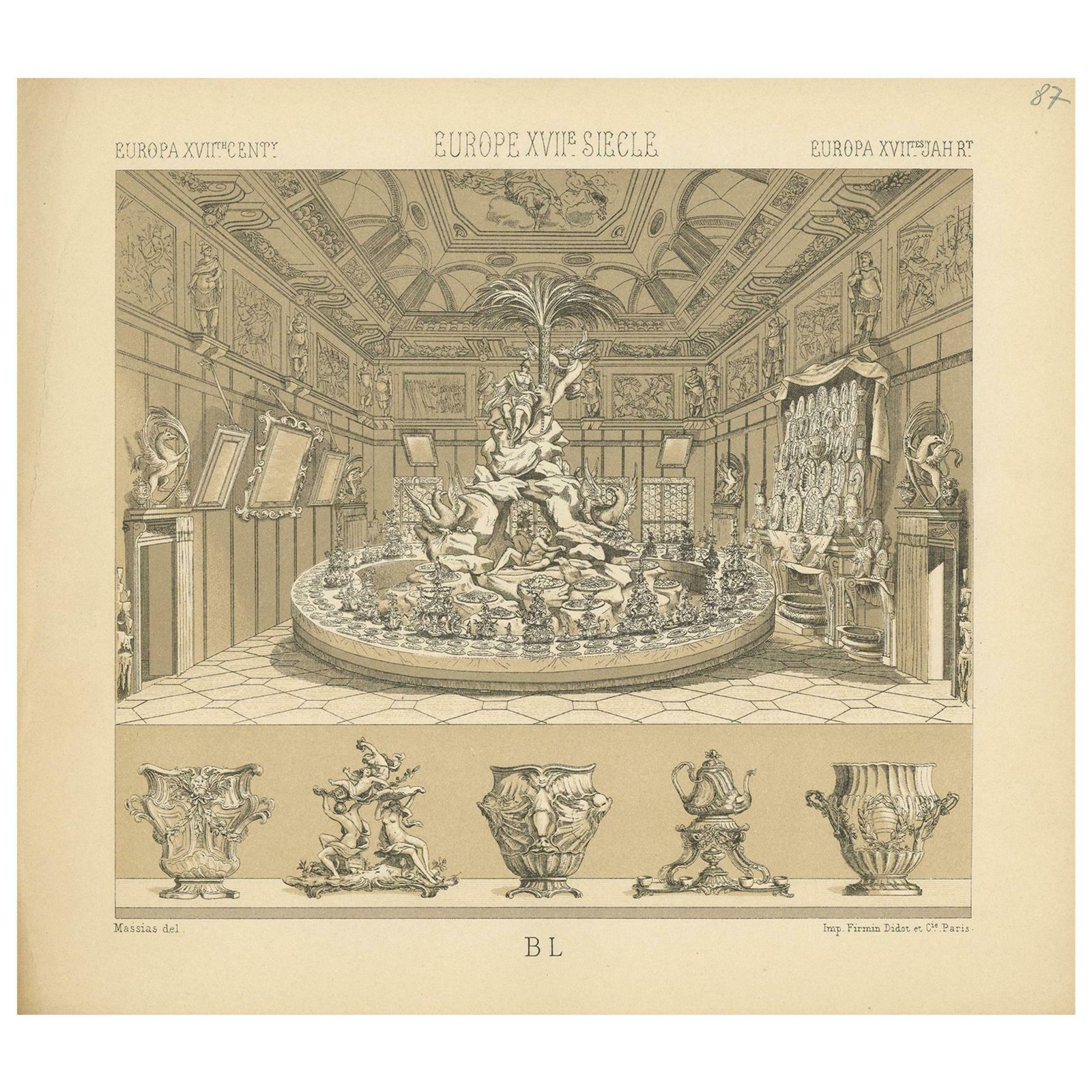 Pl. 87 Antique Print Of European Decorative Objects By Racinet, Circa 1880