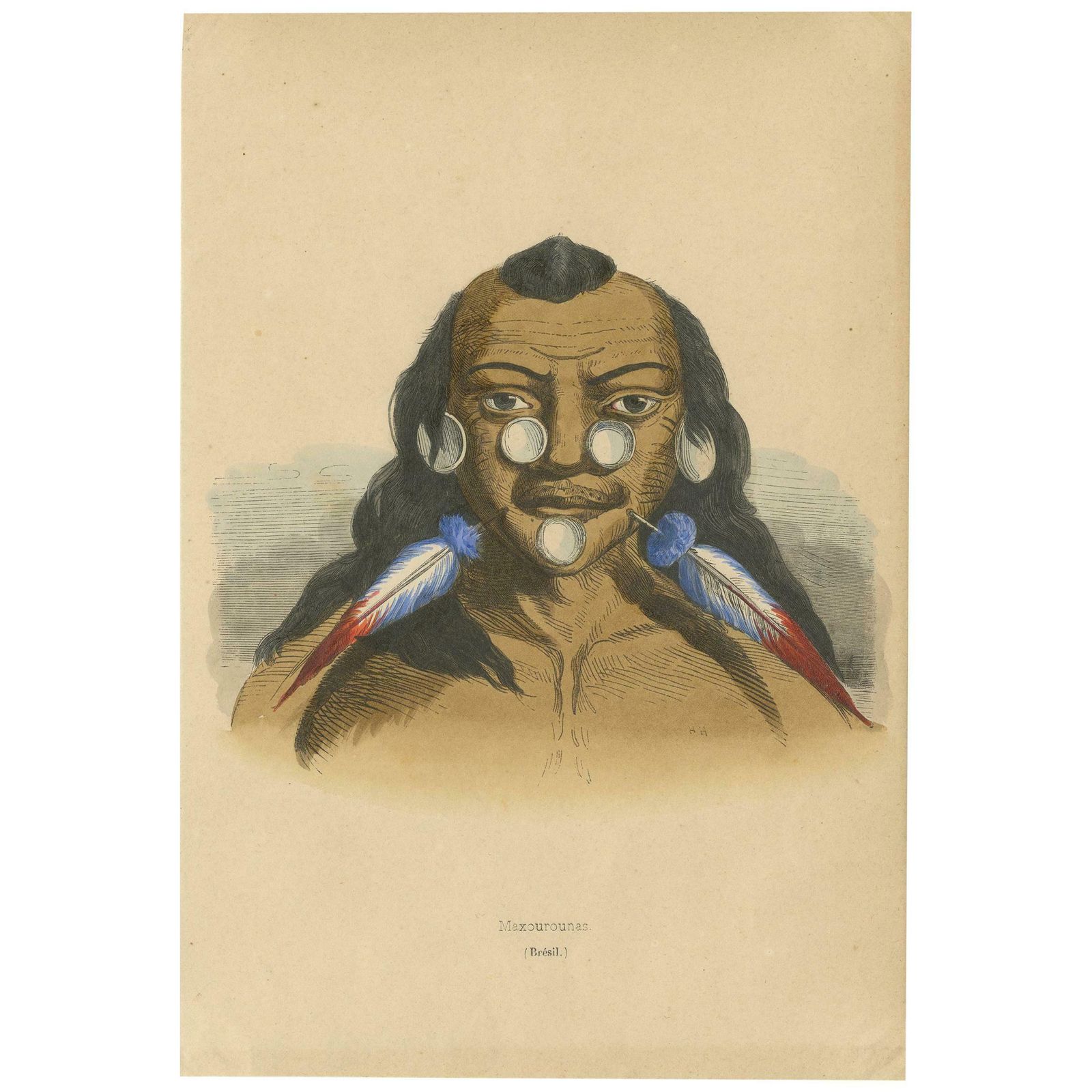 Antique Costume Print Of A Brazilian Warrior By Wahlen, 1843