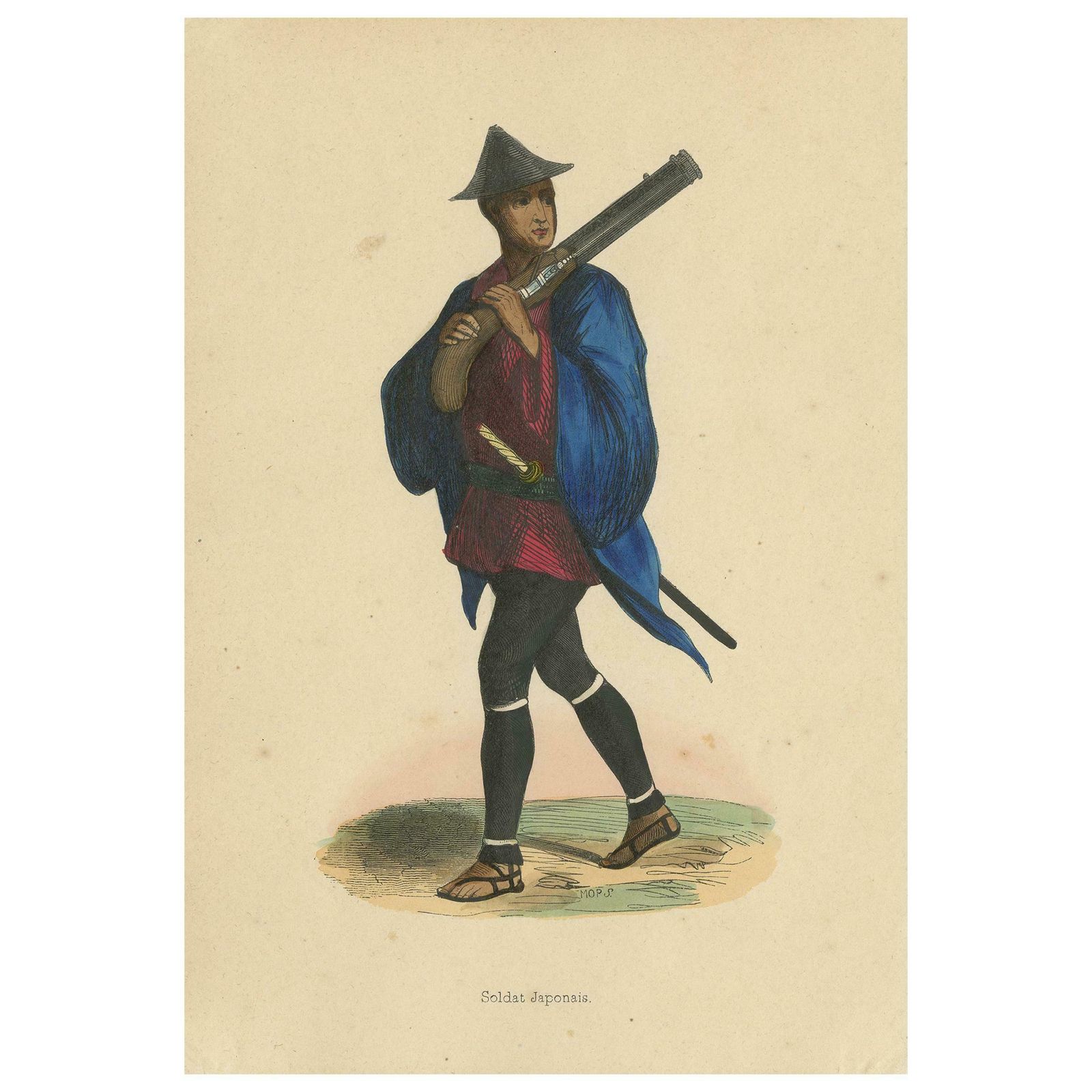 Antique Costume Print Of A Japanese Soldier By Wahlen, 1843