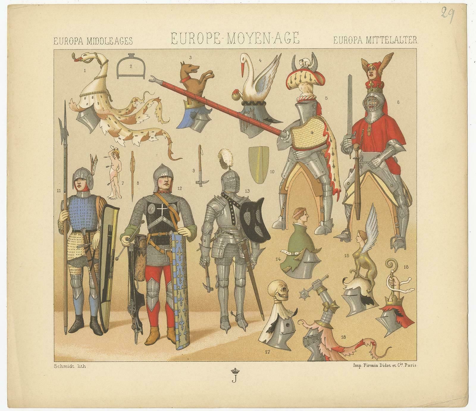 Pl. 29 Antique Print Of European Middle Ages Armament By Racinet, Circa 1880 photo for sale