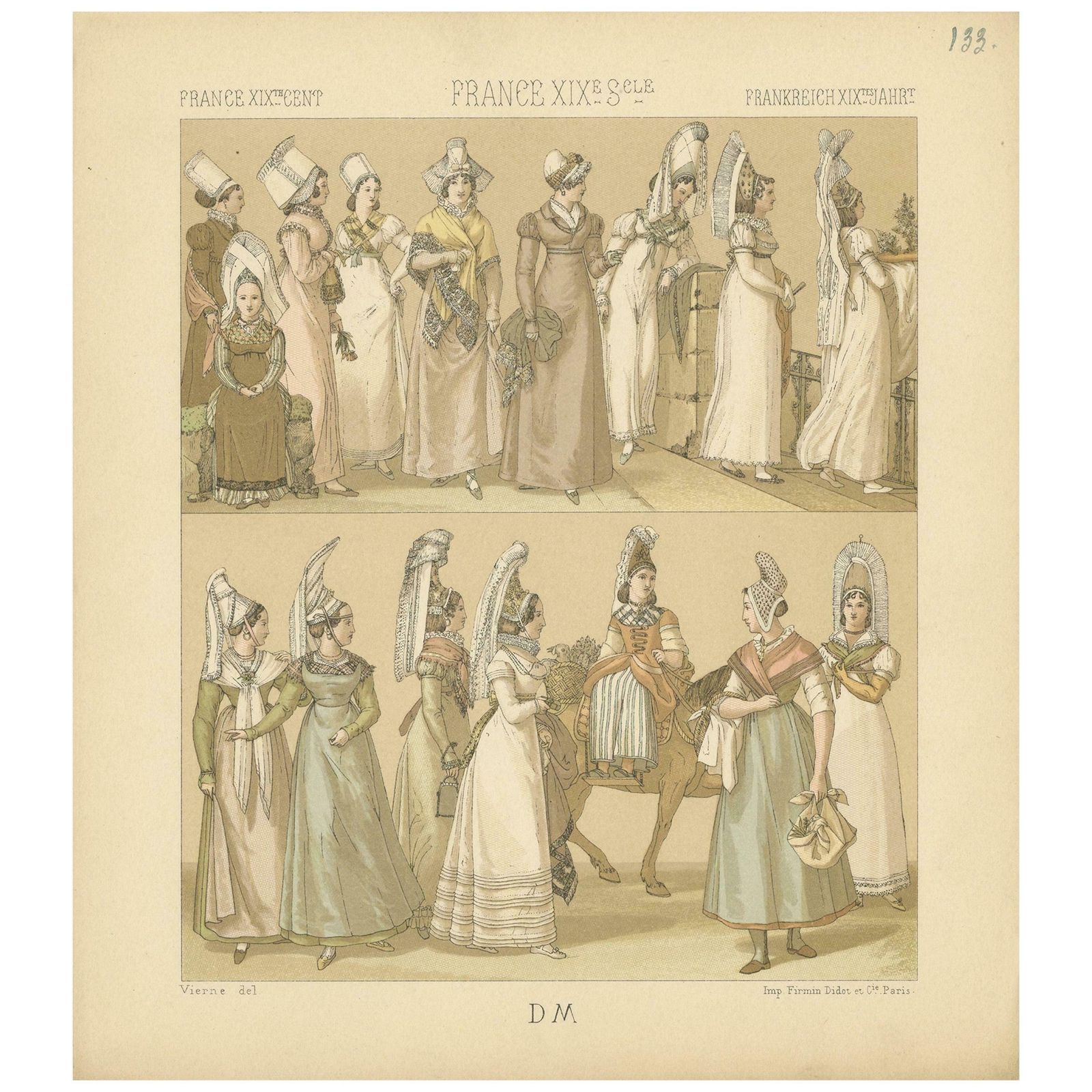 Pl. 133 Antique Print Of French 19th Century Women's Outfits By Racinet