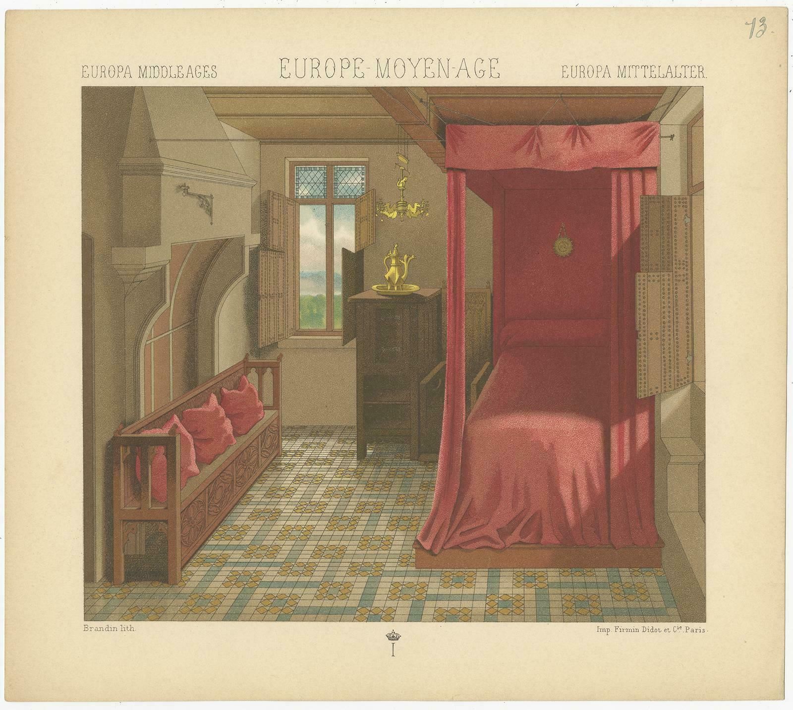 Pl. 13 Antique Print Of European Middle Ages Bedroom By Racinet, Circa 1880 photo Art