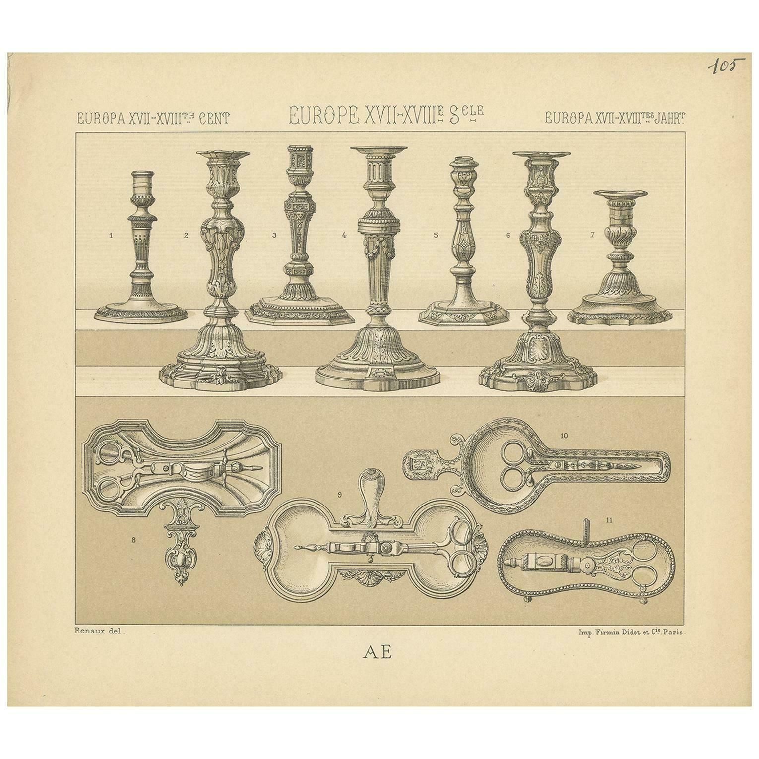 Pl. 105 Antique Print Of European 17th 18th Century Objects By Racinet