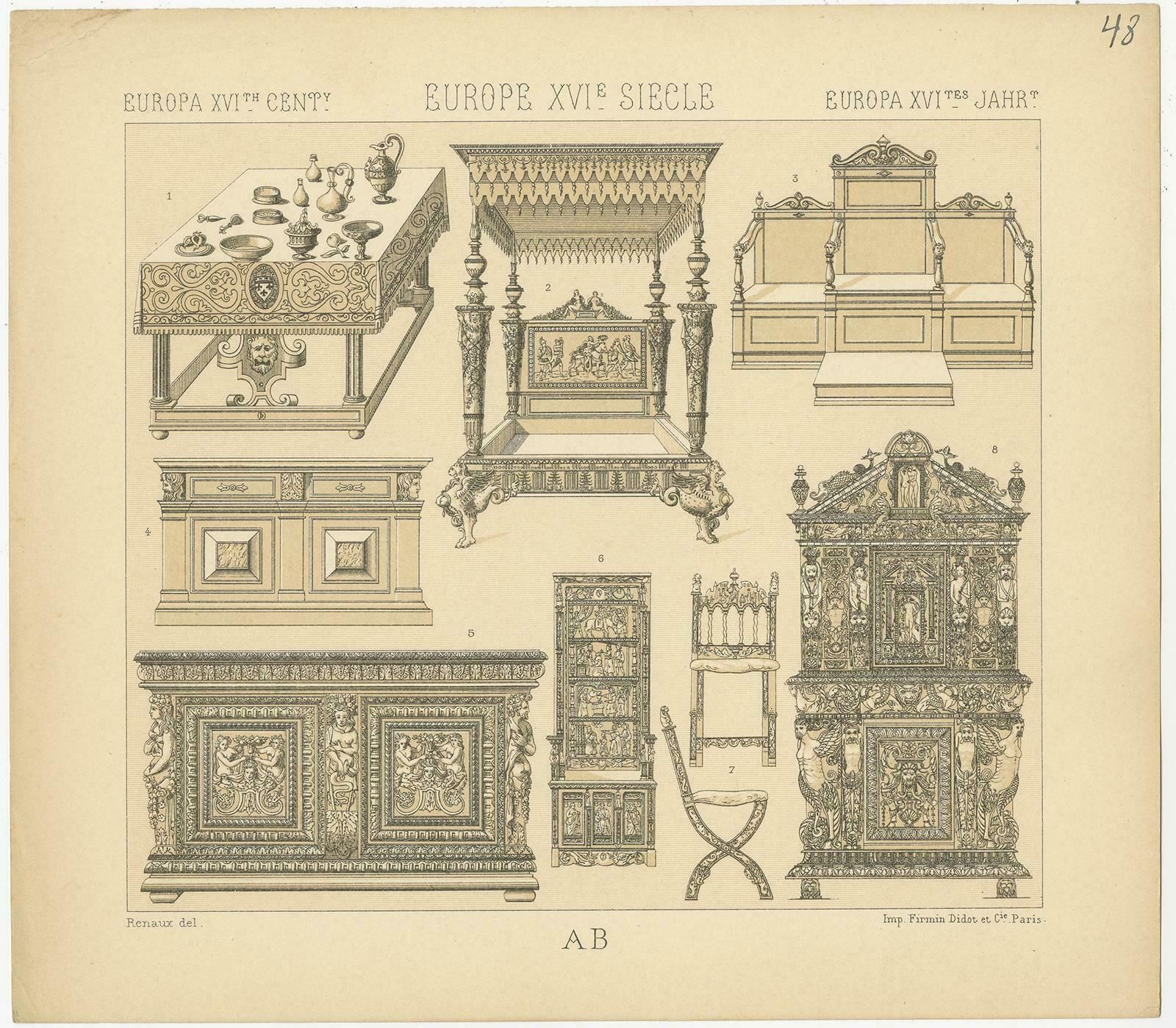 Pl. 48 Antique Print Of European Xvith Century Furniture By Racinet, Circa 1880 photo for sale
