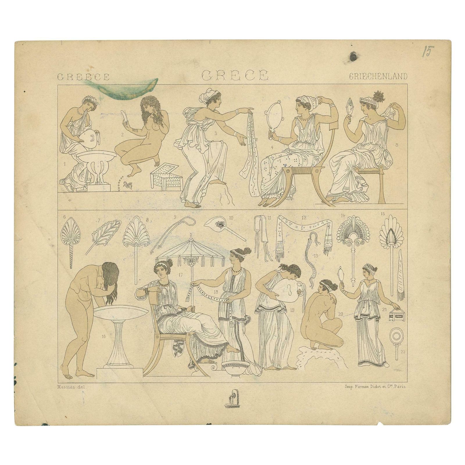 Pl. 15 Antique Print Of Greece Bathroom Scenes By Racinet, 'Circa 1880'