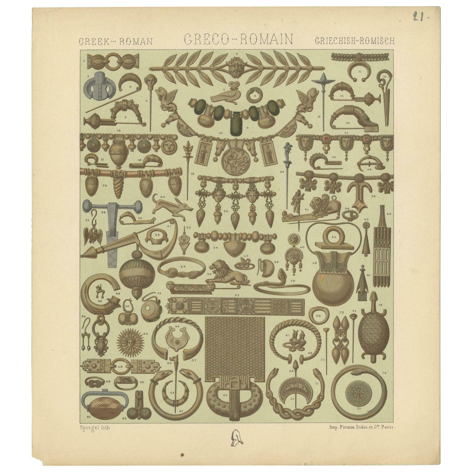 Pl. 21 Antique Print Of Greece Roman Decorative Objects By Racinet, 'Circa 1880'
