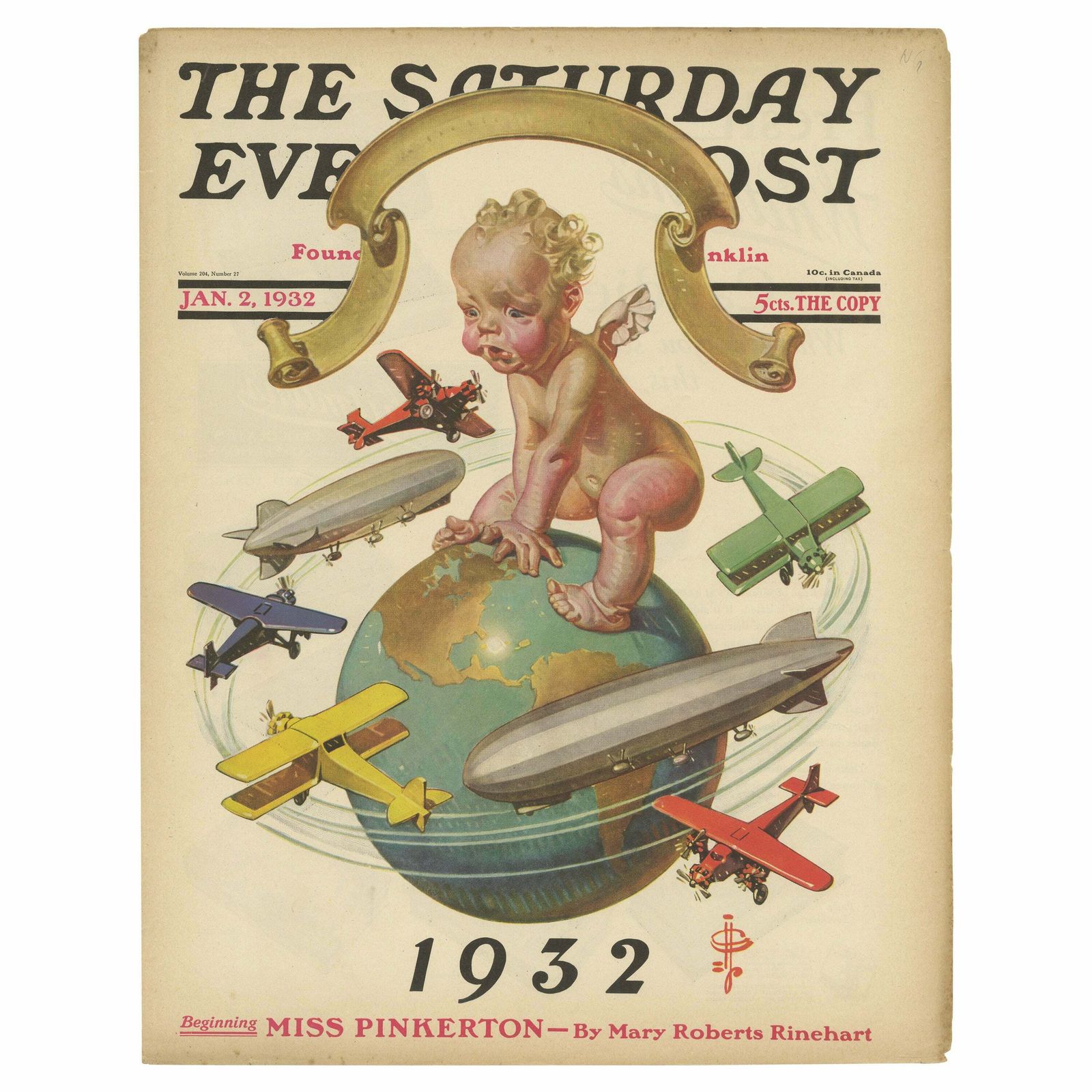 Vintage Print Of Airships Circling A Baby 'The Saturday Evening Post' '1932'