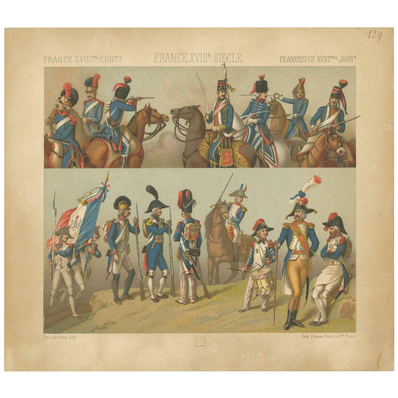 Pl. 129 Antique Print Of French 18th Century Military Scenes By Racinet