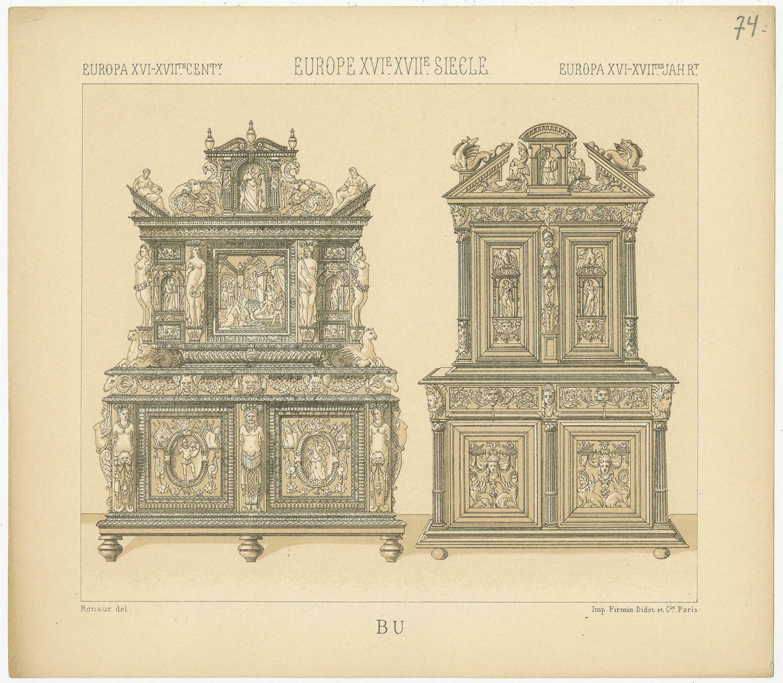 Pl. 74 Antique Print Of European Xvith Xviith Furniture By Racinet 'Circa 1880' photo furniture