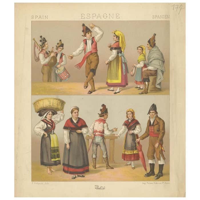 Pl. 177 Antique Print Of Spanish Costumes By Racinet Circa 1880
