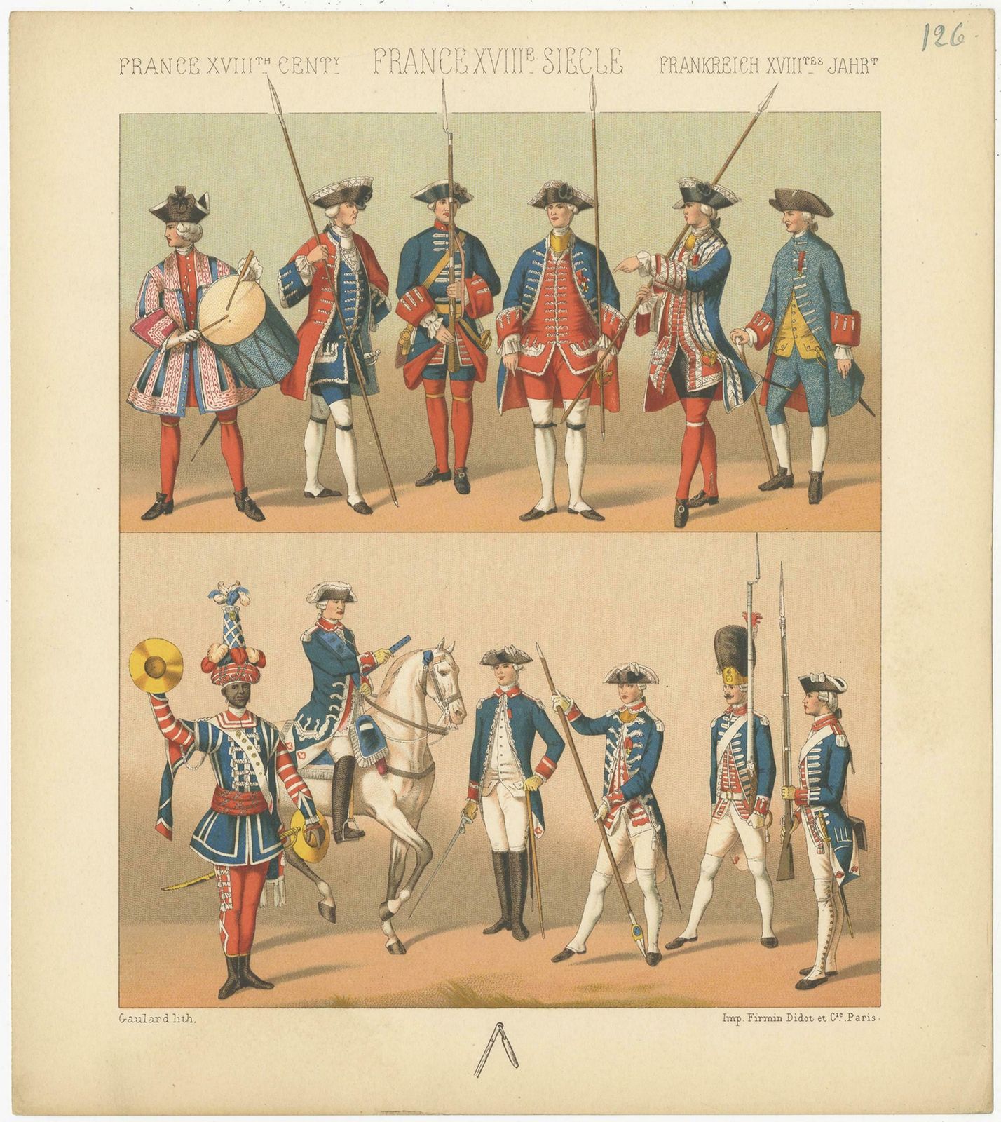 Pl. 126 Antique Print Of French 18th Century Military Outfits By Racinet photo furniture