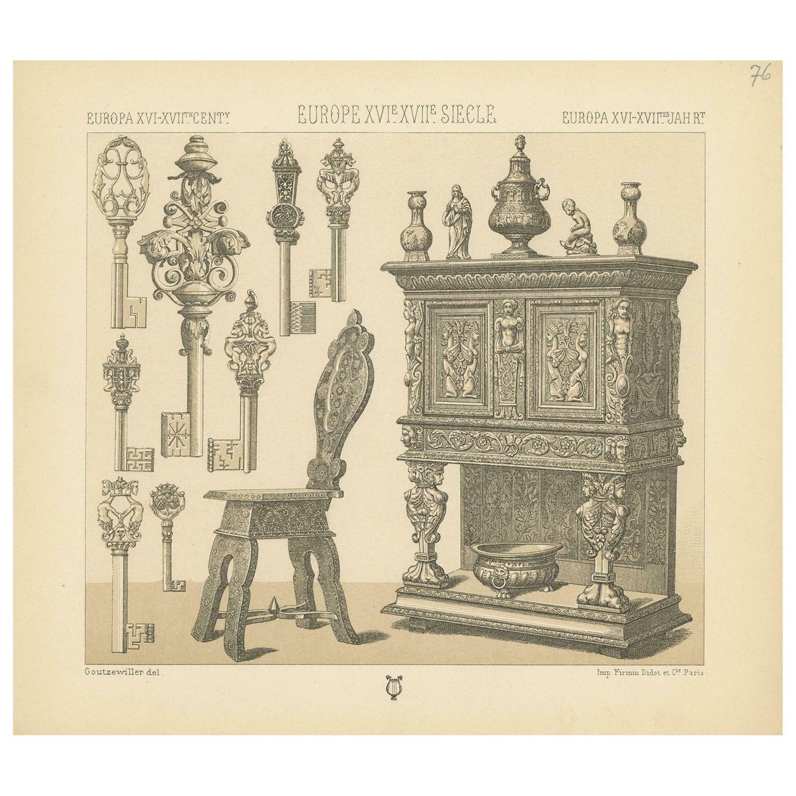 Pl. 76 Antique Print Of European Xvith Xviith Furniture By Racinet, Circa 1880