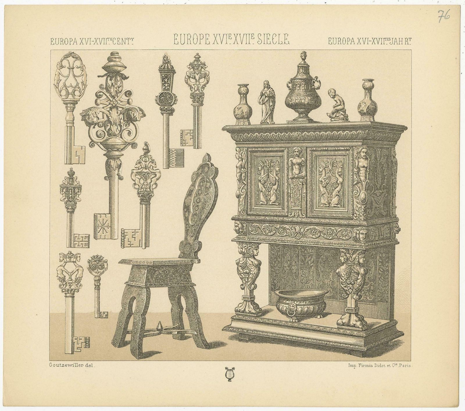 Pl. 76 Antique Print Of European Xvith Xviith Furniture By Racinet, Circa 1880 photo Art