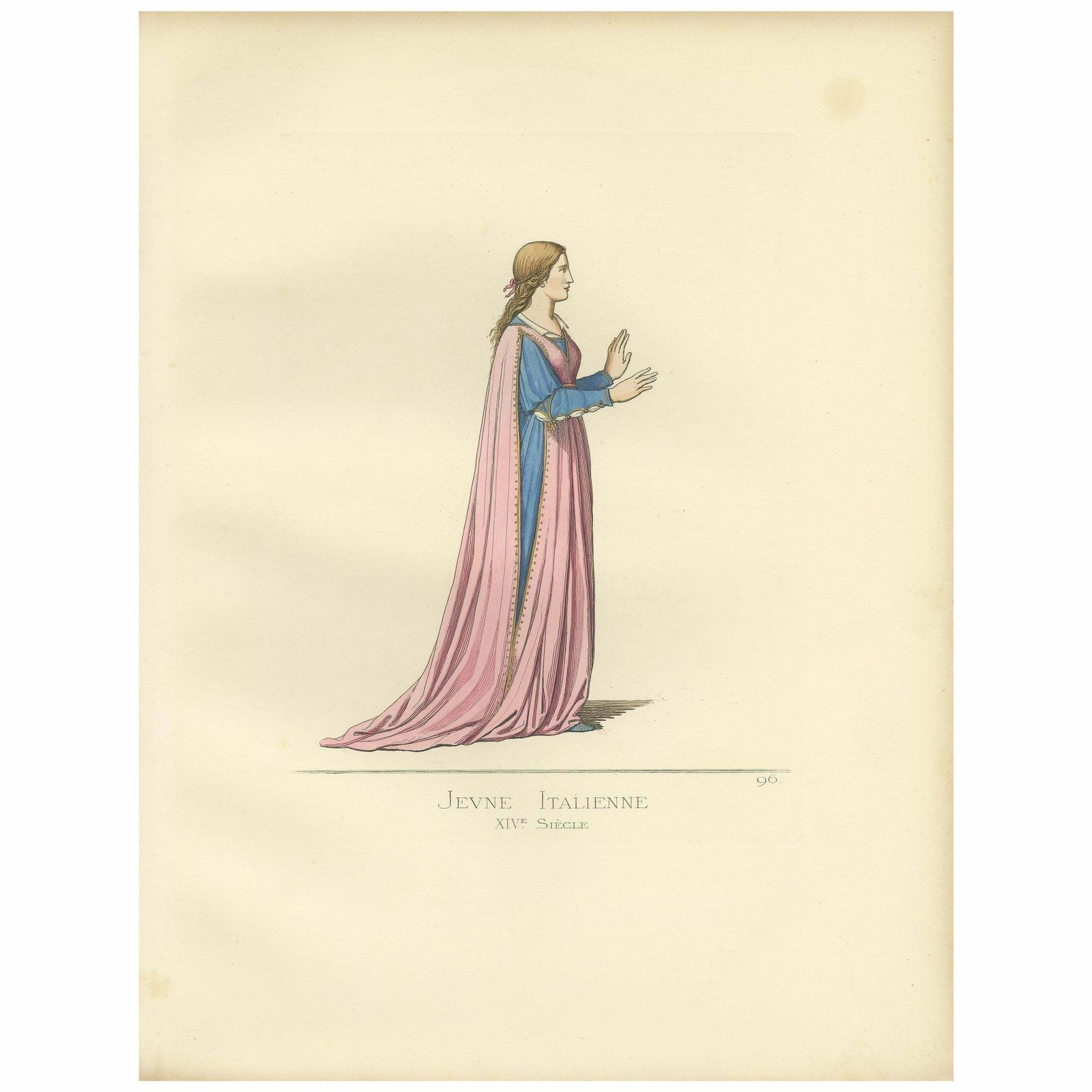 Antique Print Of A Young Italian Woman, 14th Century, By Bonnard, 1860