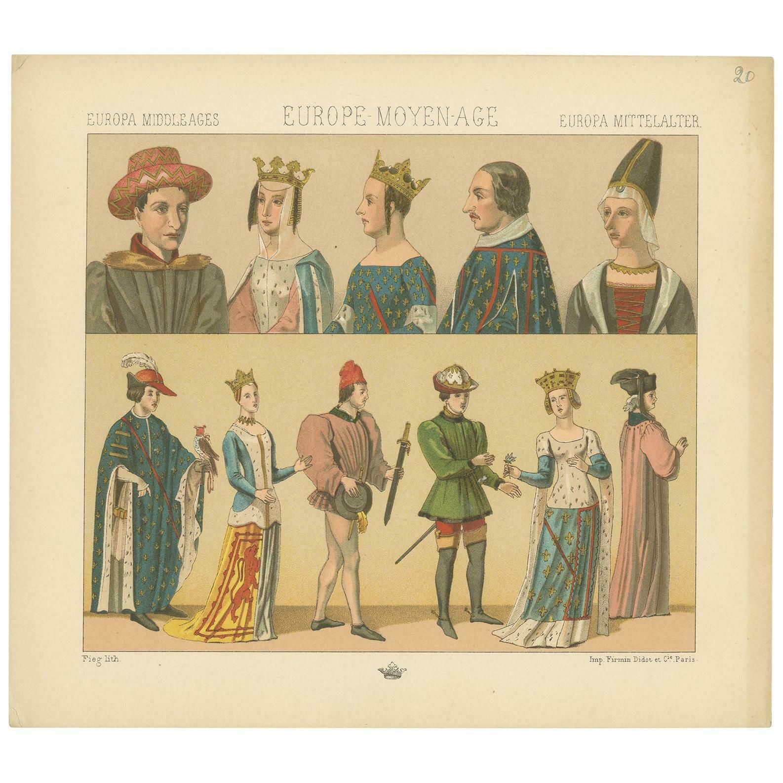 Pl. 20 Antique Print Of European Costumes By Racinet, Circa 1880