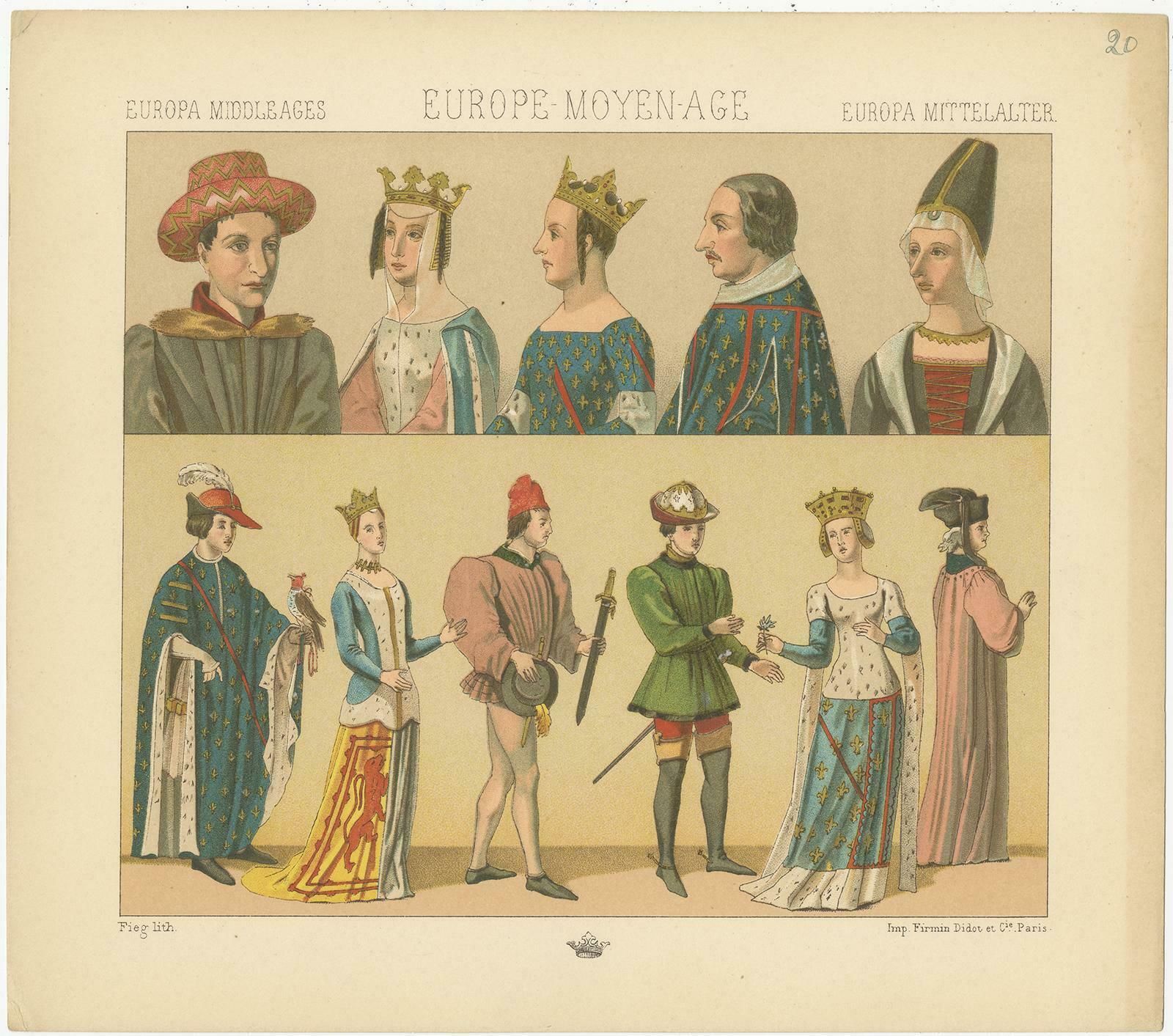 Pl. 20 Antique Print Of European Costumes By Racinet, Circa 1880 photo furniture