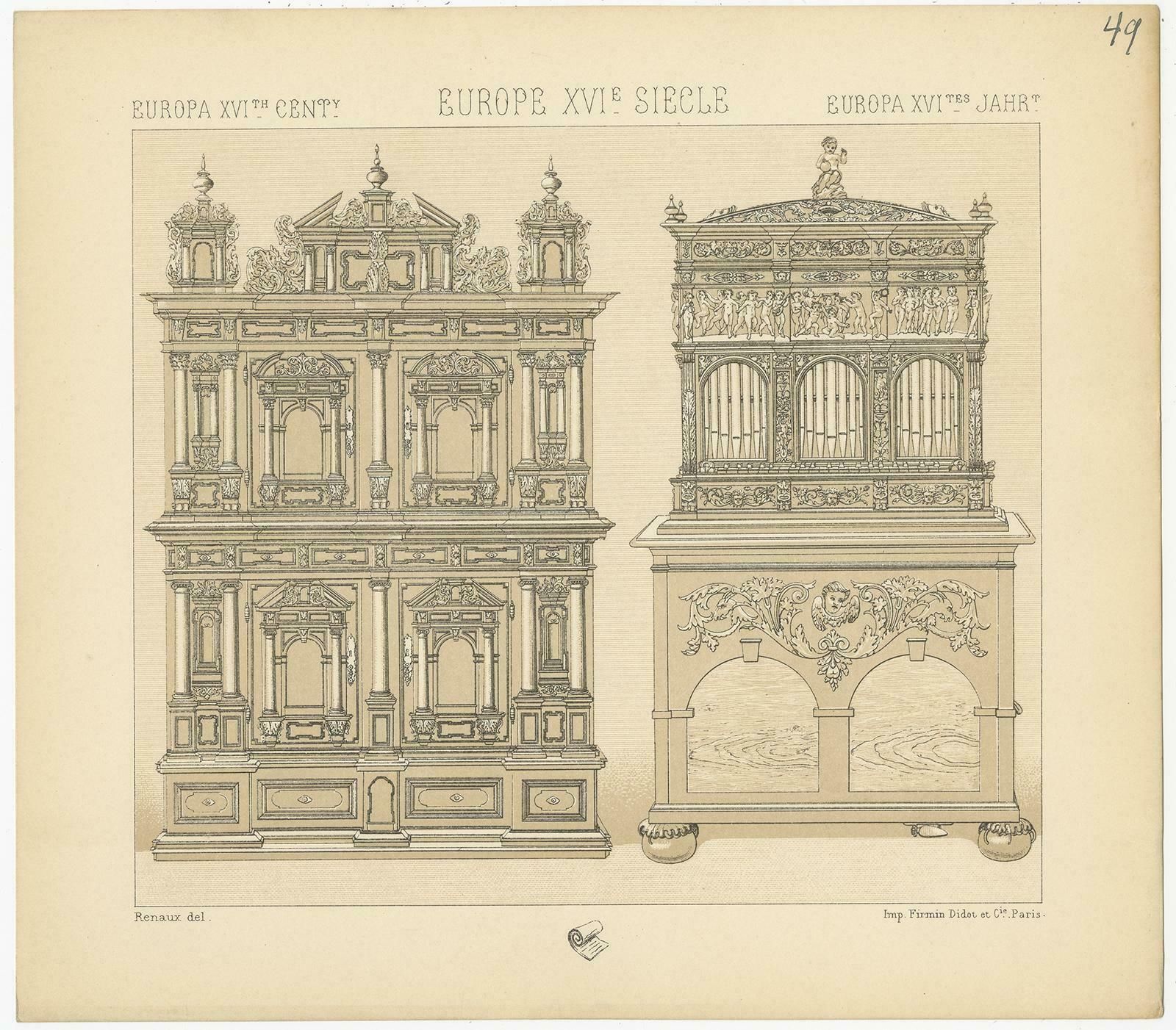 Pl. 49 Antique Print Of European Xvith Century Furniture By Racinet, Circa 1880 photo furniture