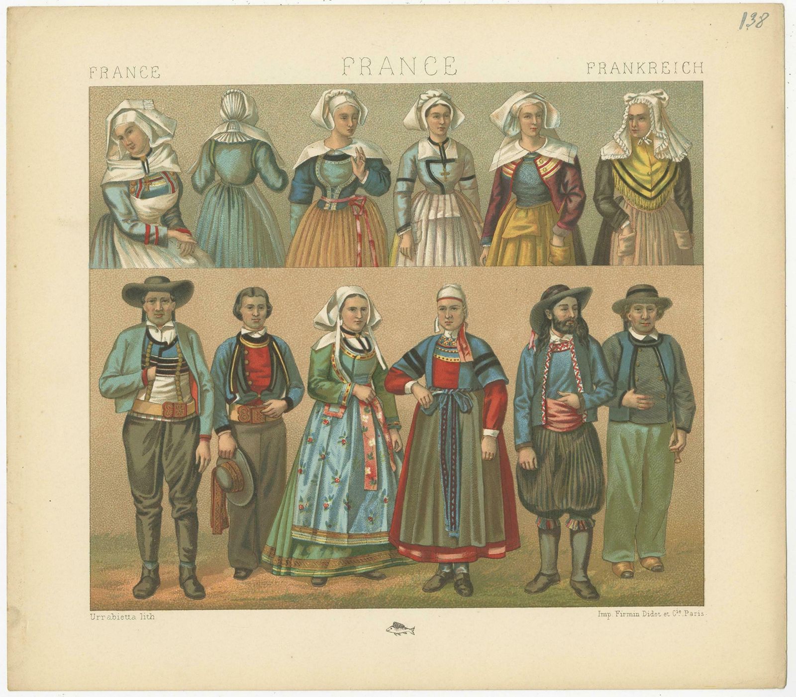 Pl. 138 Antique Print Of French Outfits By Racinet, 'Circa 1880' photo for sale