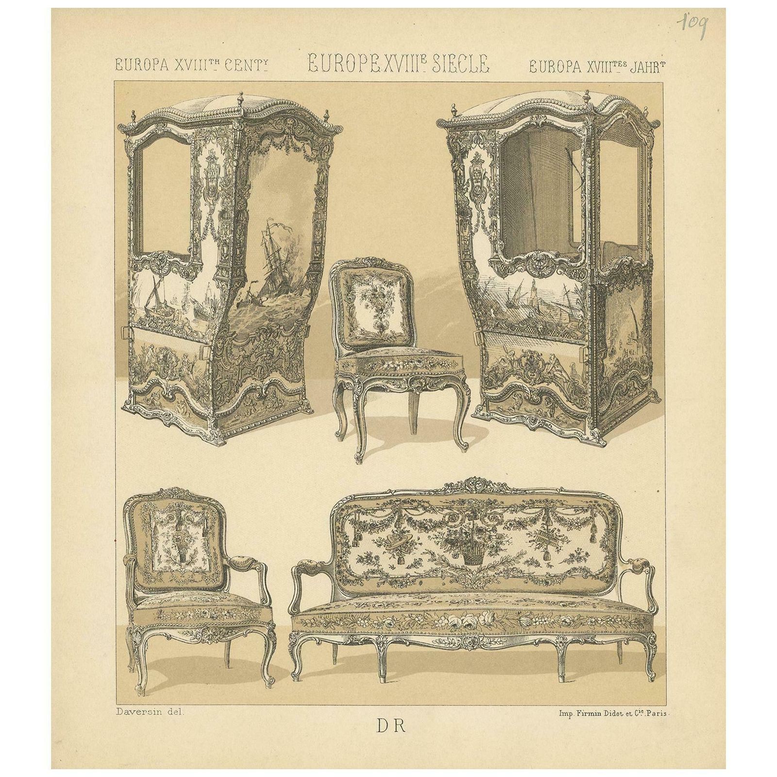 Pl. 109 Antique Print Of European Xviiith Century Furniture By Racinet