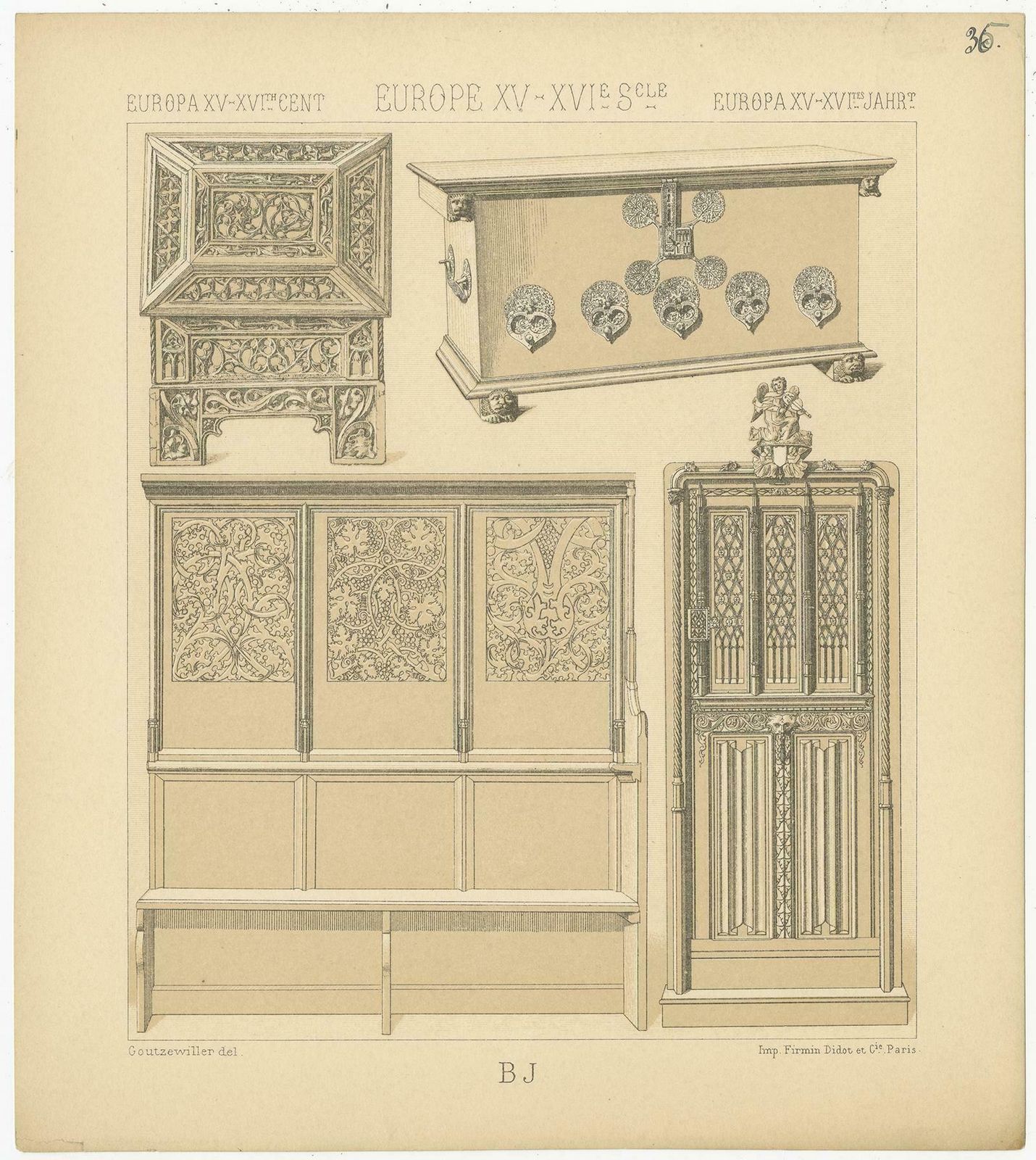 Pl 35 Antique Print Of European 15th 16th Century Furniture By Racinet photo furniture