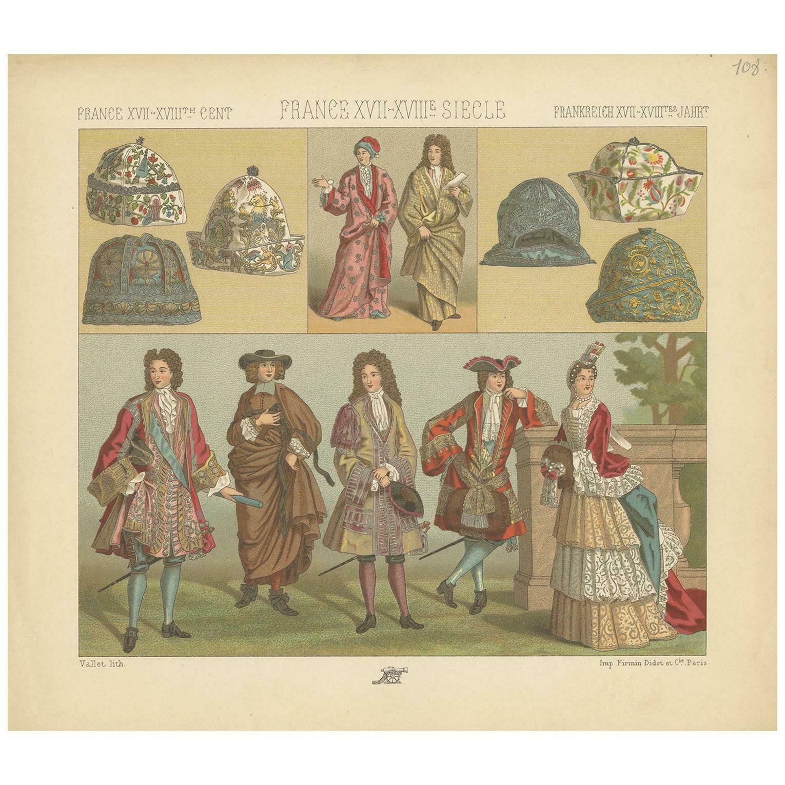 Pl. 108 Antique Print Of French 17th 18th Century Costumes By Racinet
