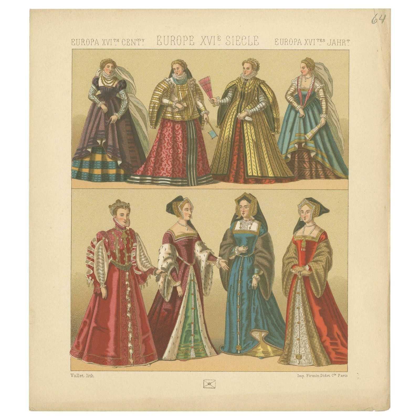 Pl. 64 Antique Print Of European Xvith Century Costumes By Racinet, Circa 1880