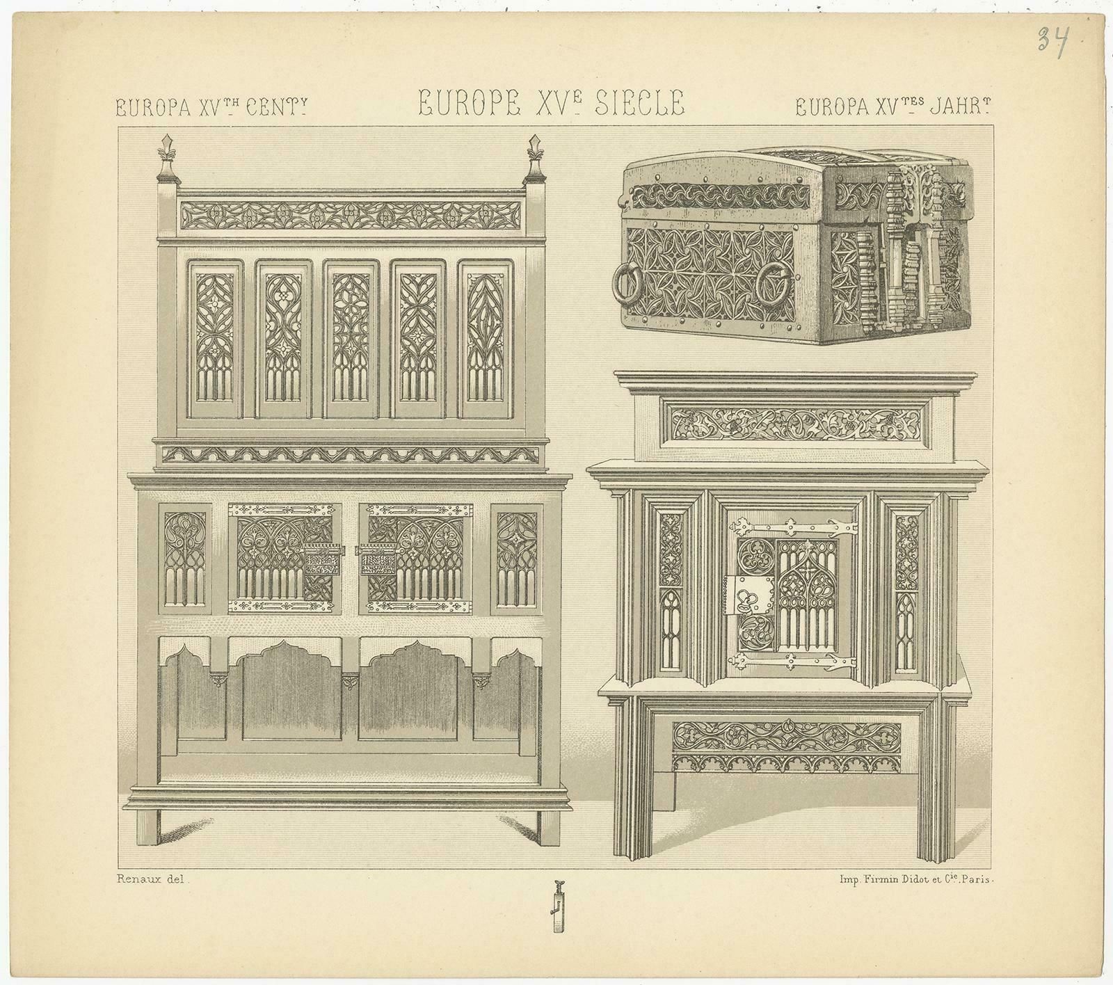 Pl. 34 Antique Print Of European 15th Century Furniture By Racinet, Circa 1880 photo for sale