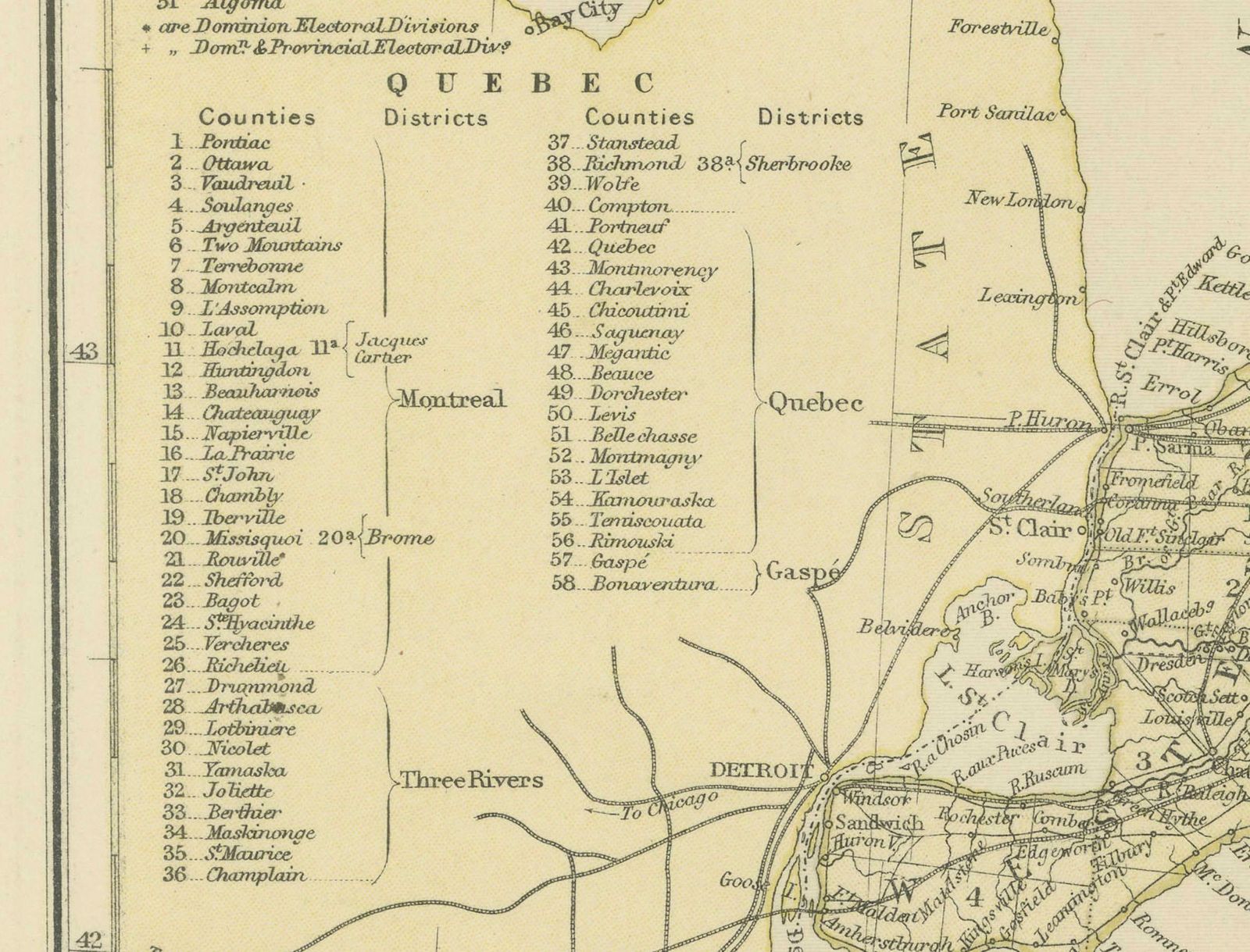 Antique Map Of Canada, The Province Of Ontario And Part Of Quebec, 1882 photo 273.0