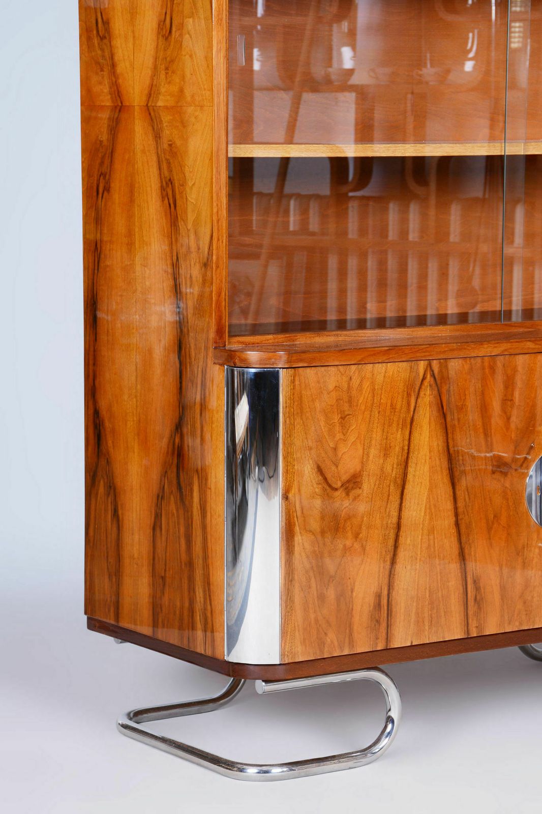 Restored Art Deco Bookcase, By Vichr A Spol., Walnut, Glass, Czech, 1930s photo for sale