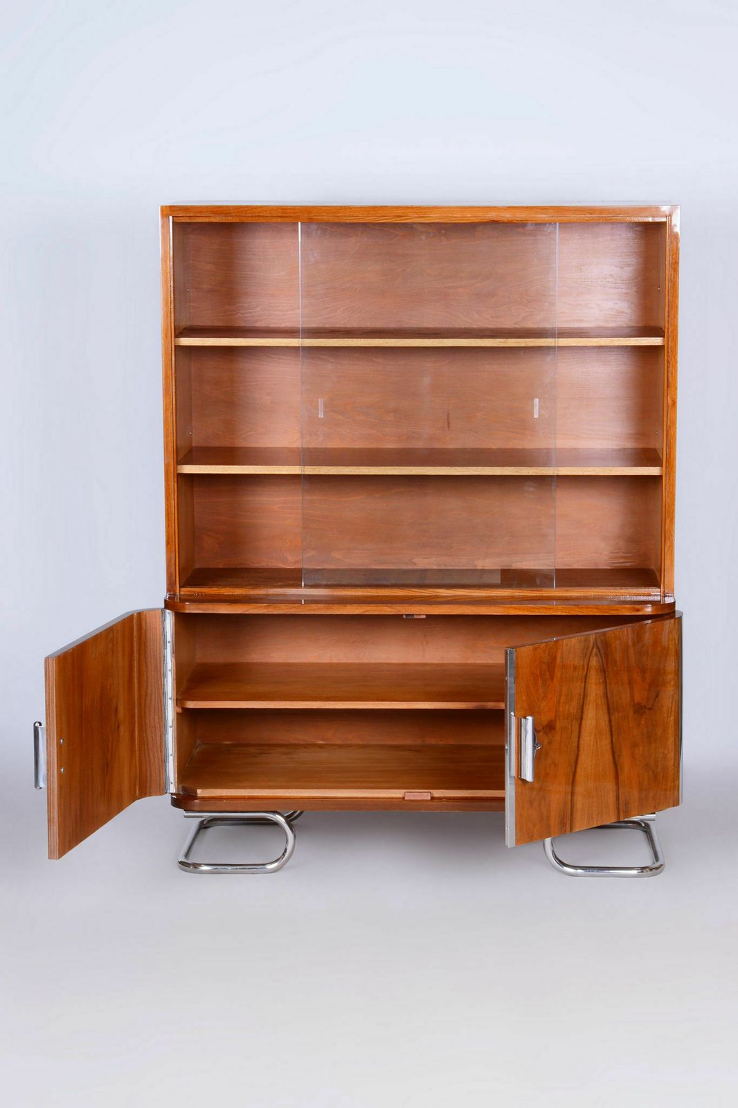 Restored Art Deco Bookcase, By Vichr A Spol., Walnut, Glass, Czech, 1930s photo 3800.0