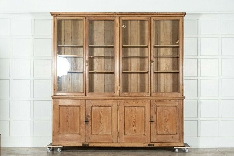 Monumental English Pine Glazed Bookcase Cabinet