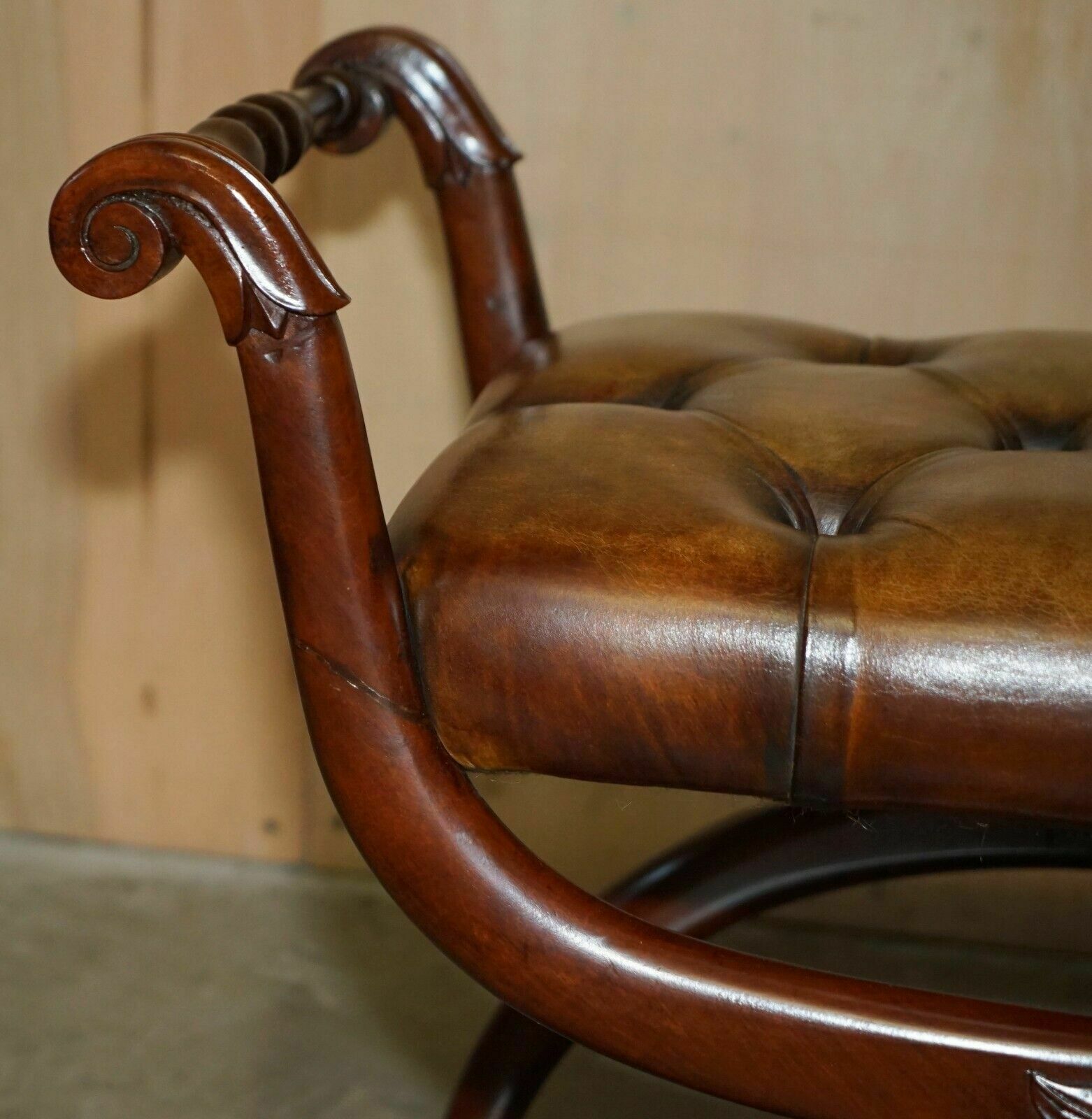 Pair Of Antique Brown Leather Chesterfield Tufted Regency Framed Footstools photo vinterior