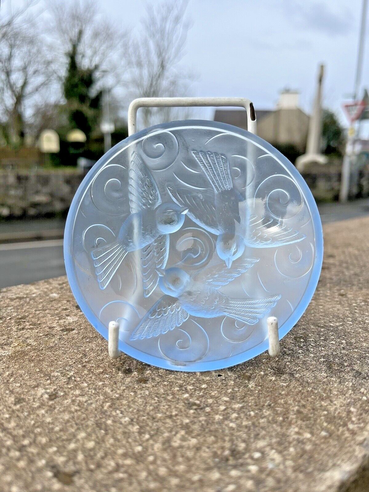 Lovely Art Deco French Frosted Blue Glass Sparrow Bird Dish Lalique Sabino Style photo furniture