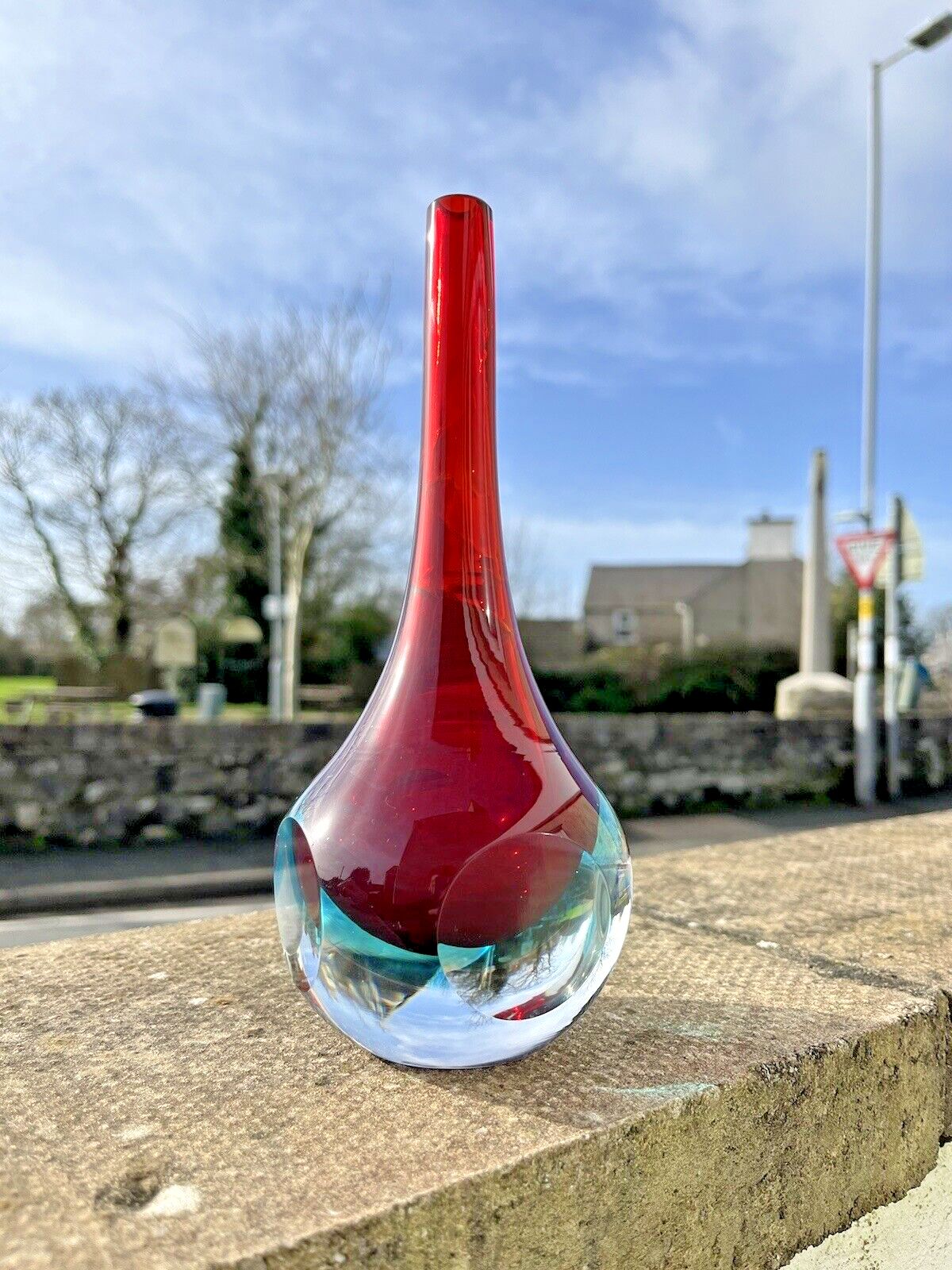 Unusual Vintage Red & Blue Sommerso Round Faceted Glass Bud Vase Murano Style Cenedese Formia Oball 5th Avenue Fifth Ave photo Home Decor