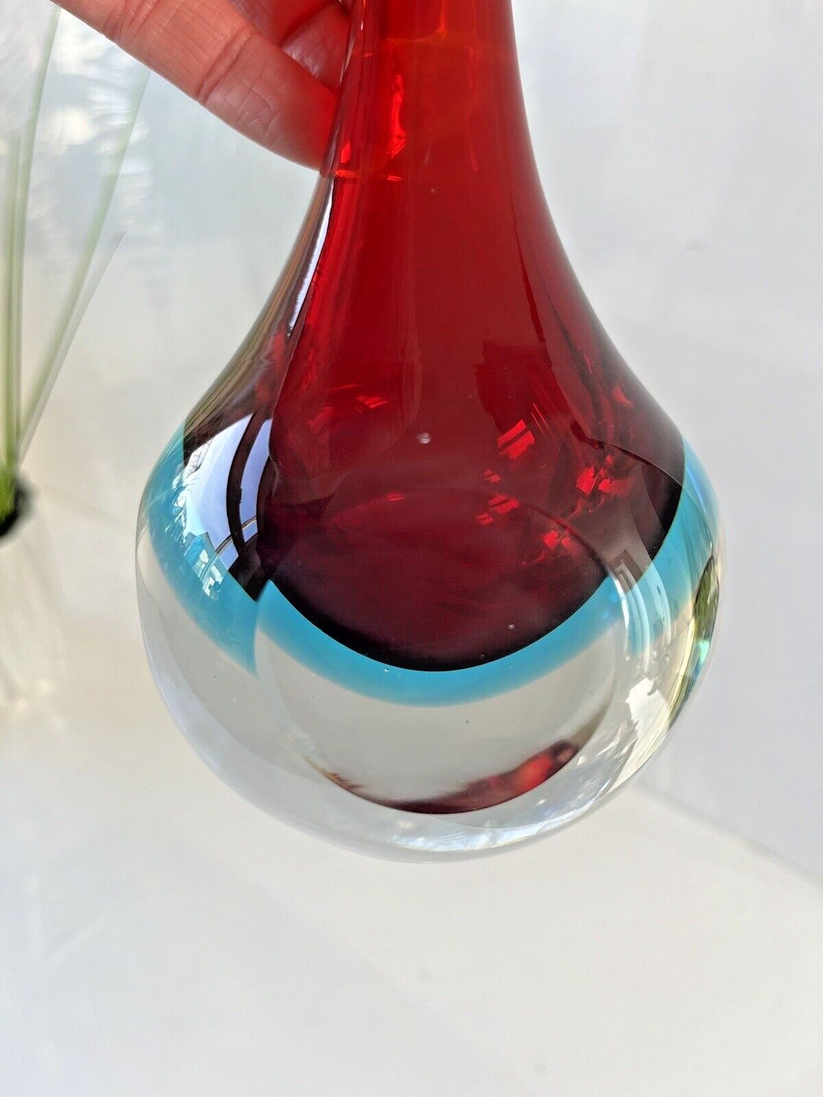 115.0 Unusual Vintage Red & Blue Sommerso Round Faceted Glass Bud Vase Murano Style Cenedese Formia Oball 5th Avenue Fifth Ave photo