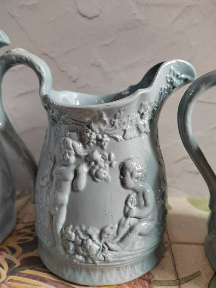 Set Of 3 Cherub Design Antique Jugs/ Ironstone Style Grey Pottery Jugs/ Vases photo for sale